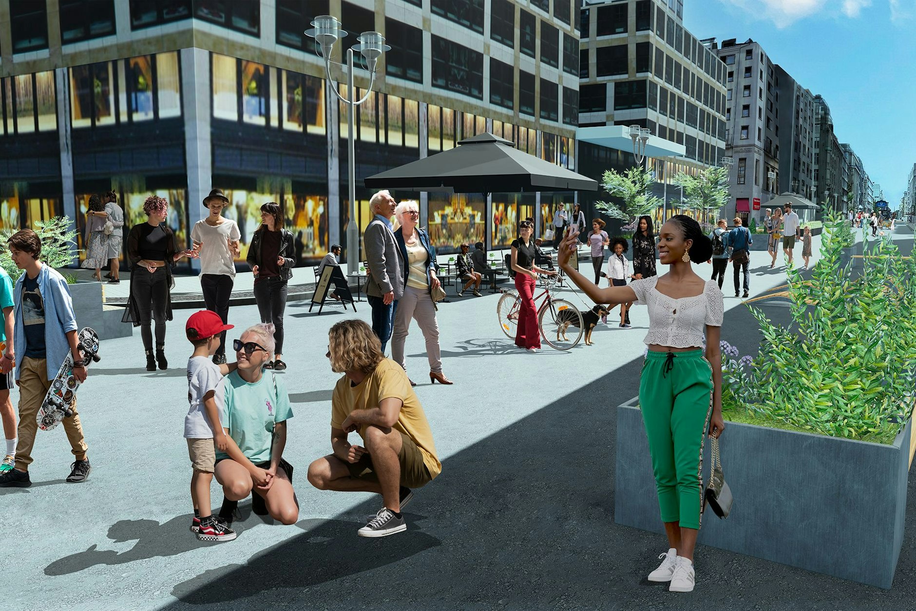 Der 500 Meter lange Abschnitt der Friedrichstraße gehört ab Montag den Fußgängern. So soll es im Frühjahr aussehen, wenn Begrünung und Sitzmöbel aufgestellt sind. 