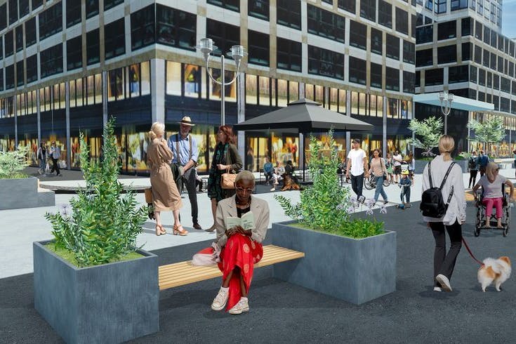 So soll die autofreie Friedrichstraße in Mitte aussehen – bis nach einem weiteren Verfahren in einigen Jahren die endgültige Gestaltung feststeht. Hohe Bäume sind nicht möglich, weil dicht unter der Straße die U6 fährt.