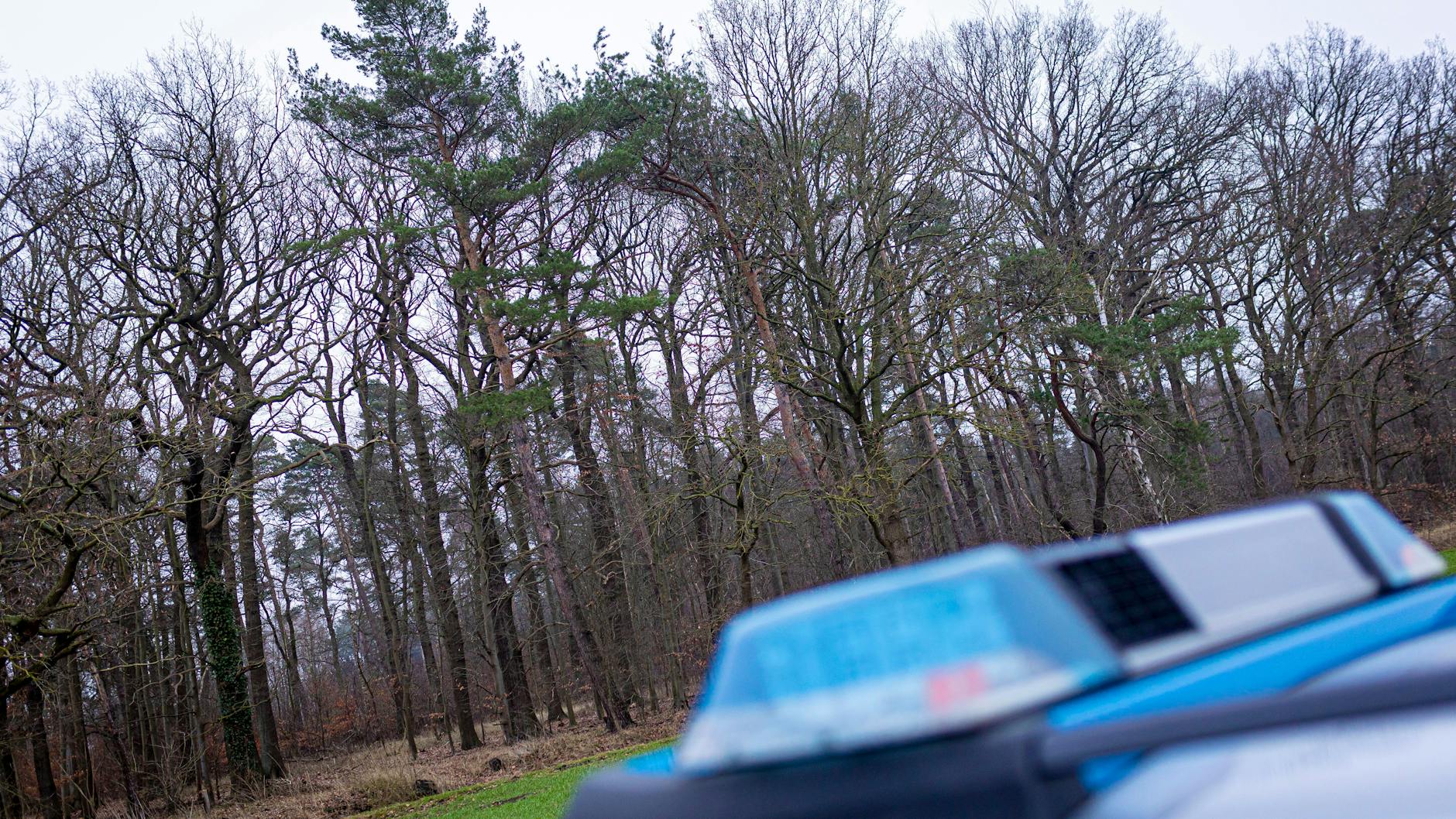 Ein Polizeiauto steht an dem Waldstück in Wunstorf in der Region Hannover, in dem ein womöglich toter 14-Jähriger vermutet wird.