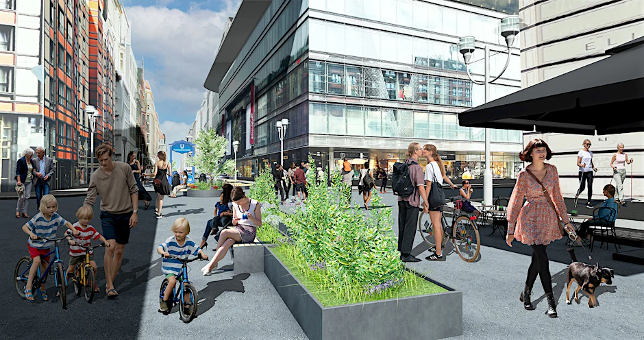 Pflanzkübel und Sitzgelegenheiten, wo bisher Autos fuhren: So stellen sich die Planer die autofreie Friedrichstraße in Mitte nach der erneuten provisorischen Umgestaltung vor.