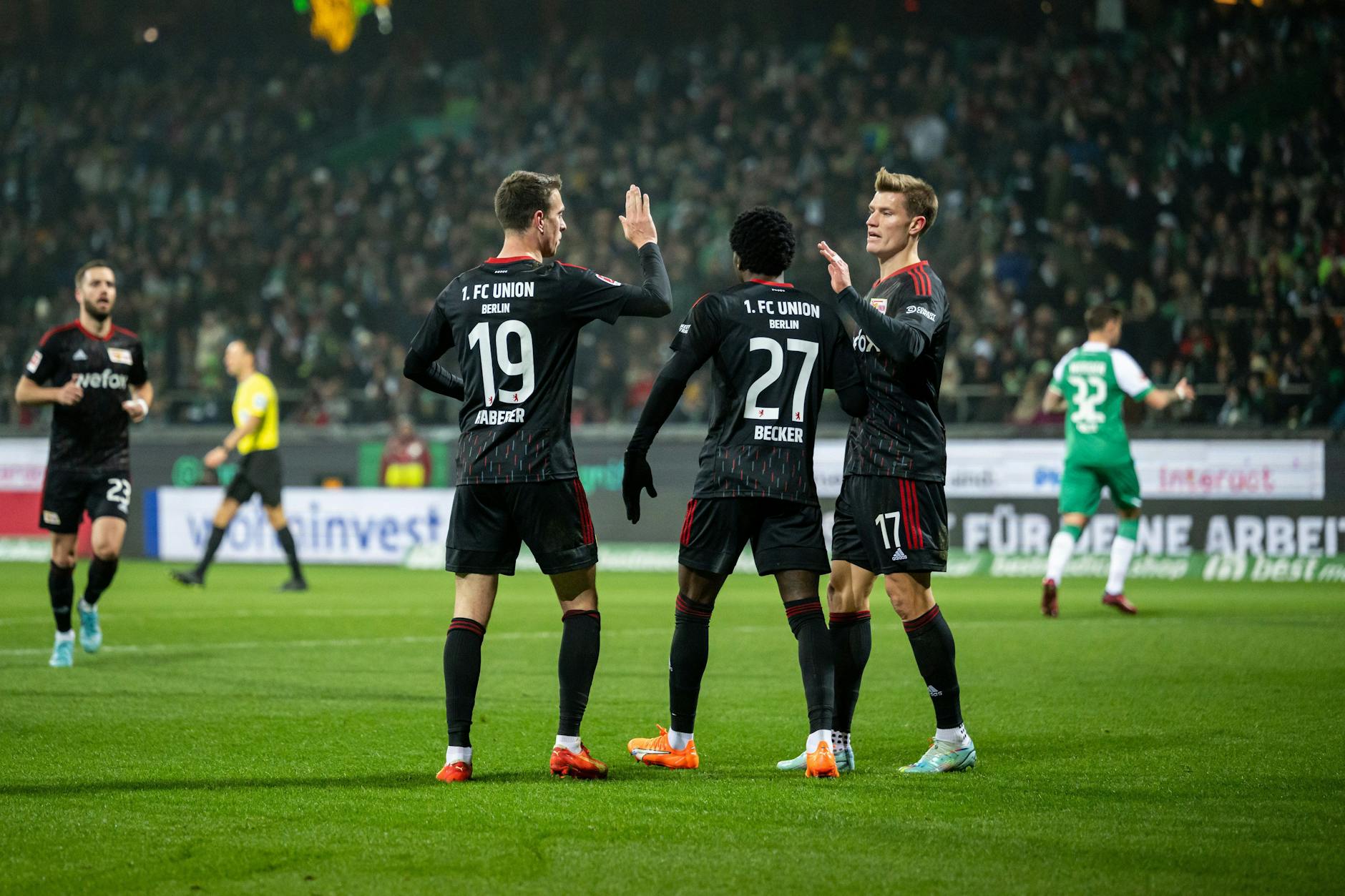 Janik Haberer (l.) und Kevin Behrens (r.) erzielten die Union-Tore in Bremen, Sheraldo Becker war ein ständiger Aktivposten.