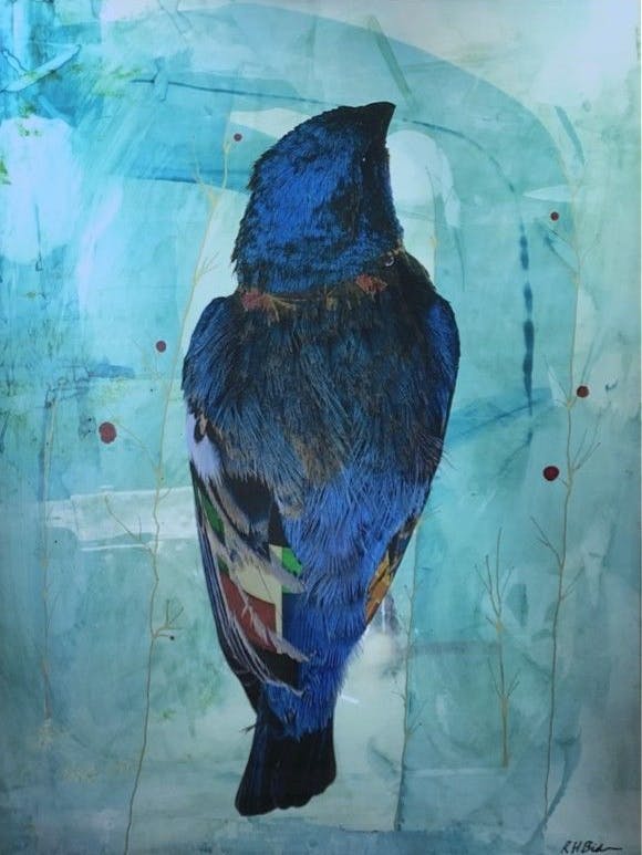 Hunter Biden: „Bluebird and Coyote“, Mischtechnik auf Metall und Papier. 