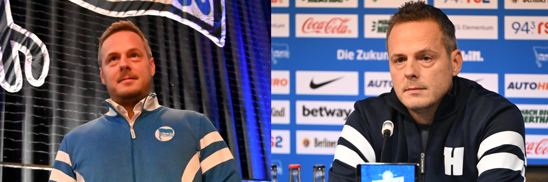 Kay Bernstein am 26.Juni 2022 nach seiner Wahl&nbsp; zum Präsidenten von Hertha BSC. ER präsentierte sich seitdem immer mit der kultigen Retro-Jacke. Jetzt wechselte er die Klamotten beim Bobic-Rausschmiss – dunkelblaue Baseballjacke.