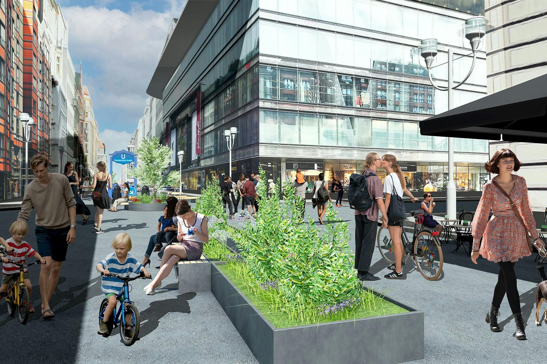 Sitzgelegenheiten, Pflanzkübel und mehr Platz für Fußgänger: So soll der mittlere Abschnitt der Friedrichstraße in einigen Jahren aussehen. Diese Visualisierung stellte Mobilitätssenatorin Bettina Jarasch (Grüne) im Januar vor.