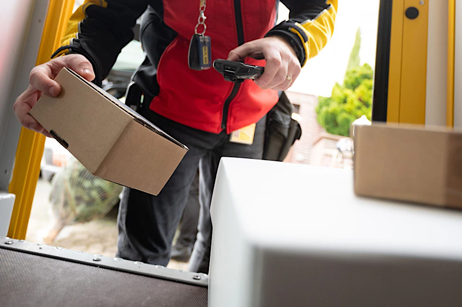 ARCHIV - Ein DHL-Mitarbeiter scant ein Paket für die Zustellung.  