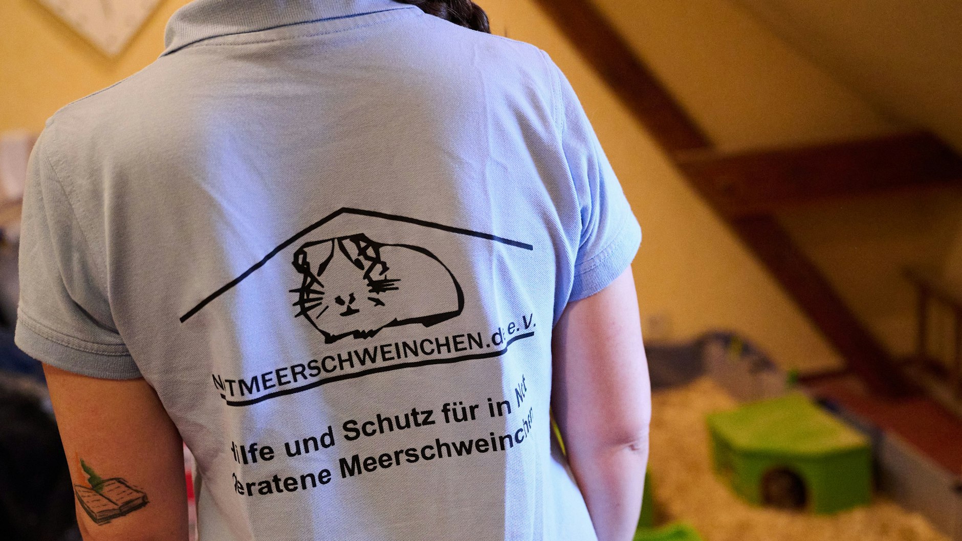 „Notmeerschweinchen e.V. – Hilfe und Schutz für in Not geratene Meerschweinchen“ steht auf dem T-Shirt, das Melanie Dufossé trägt.