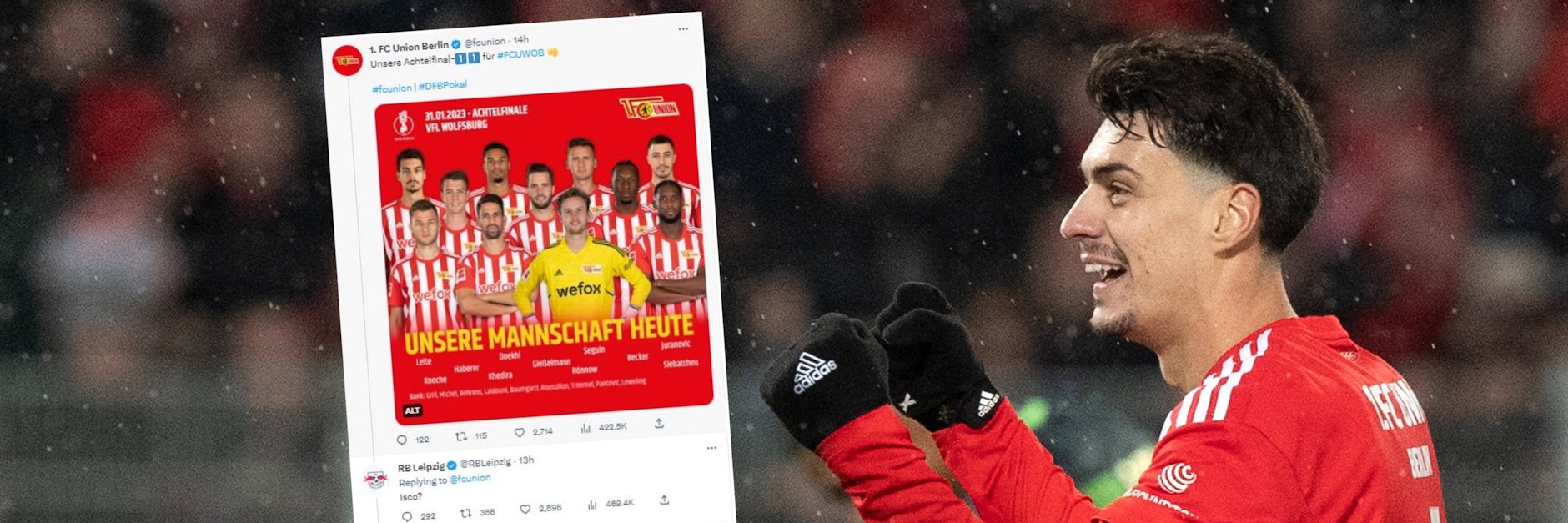 Der 1. FC Union gewann nach dem geplatzten Isco-Deal mit 2:1 gegen Wolfsburg und landete gleichzeitig auch auf Twitter einen Sieg gegen RB Leipzig.