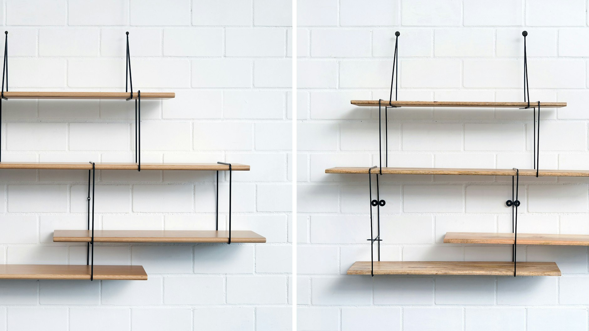 Das Bild zeigt ein Wandregal des Hamburger Designstudios Hausen (links) und eine Nachahmung (rechts). Im Jahr 2023 geht der Haupt-Schmähpreis Plagiarius an einen deutschen Möbel-Händler, der den Nachbau des Wandregal-Systems «Link» vertrieben hat. 