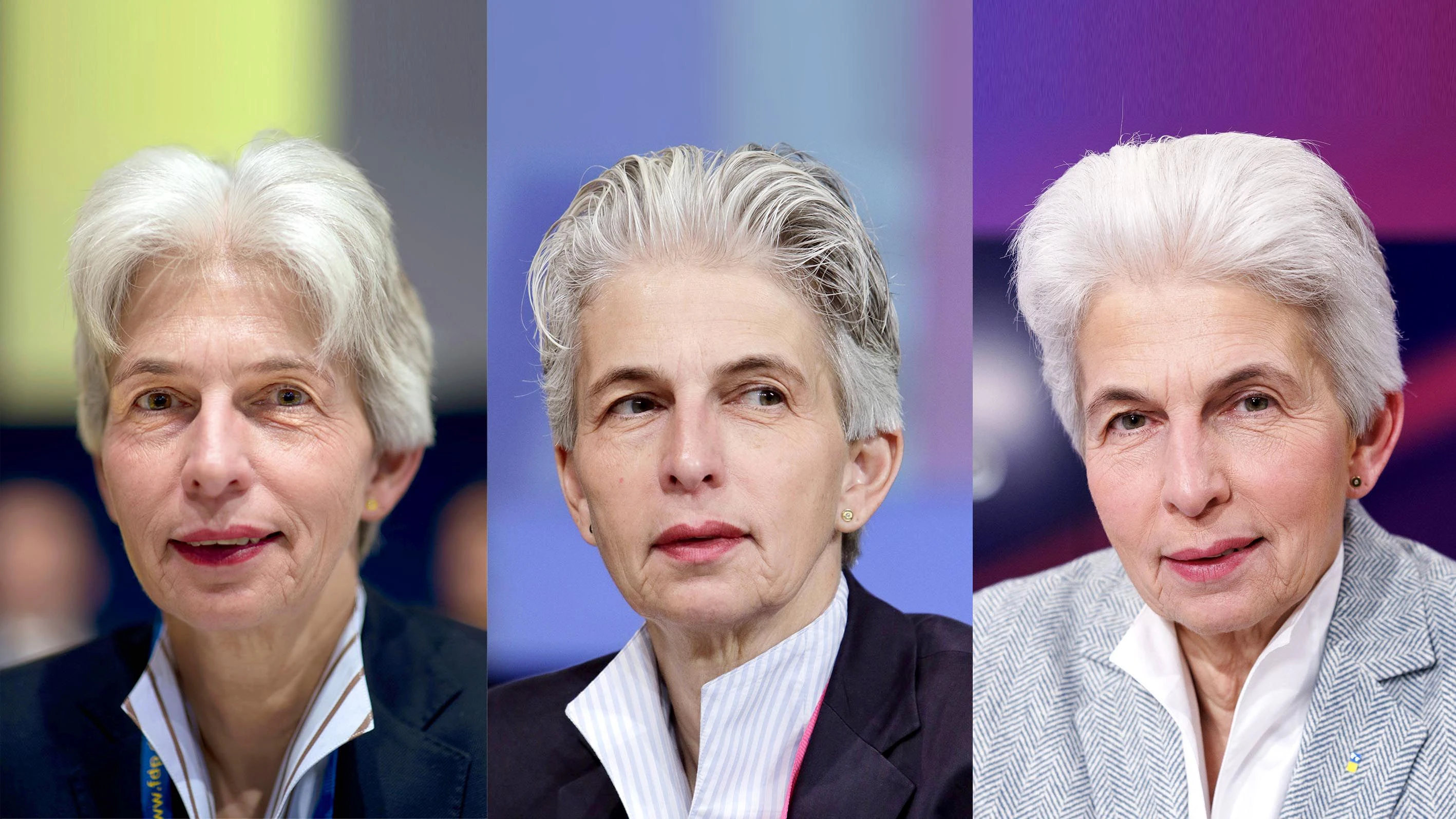 Style-Metamorphose: Die Fotos zeigen Marie-Agnes Strack-Zimmermanns Frisur 2013 (brav), 2015 (rebellisch) und 2022 (angekommen). Kelchkragenblusen trägt sie bis heute zu besonderen Anlässen jenseits des Bundestages.