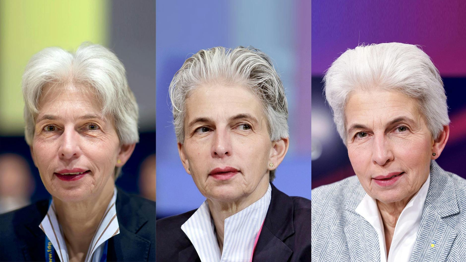 Style-Metamorphose: Die Fotos zeigen Marie-Agnes Strack-Zimmermanns Frisur 2013 (brav), 2015 (rebellisch) und 2022 (angekommen). Kelchkragenblusen trägt sie bis heute zu besonderen Anlässen jenseits des Bundestages.