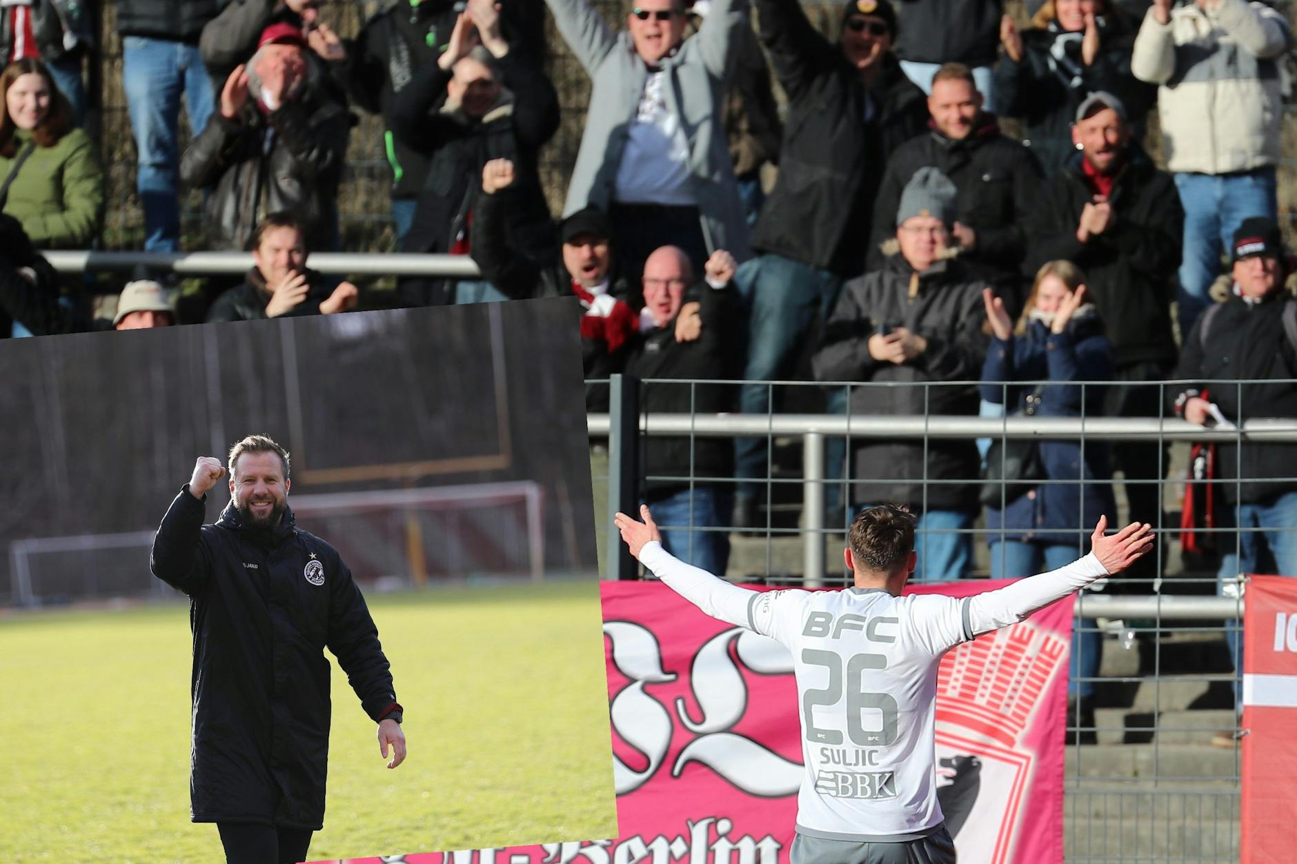 Dynamos Amar Suljic beschenkt Trainer Heiner Backhaus zum Geburtstag und bejubelt seinen Treffer zum 1:0 beim BAK mit den BFC-Fans. 