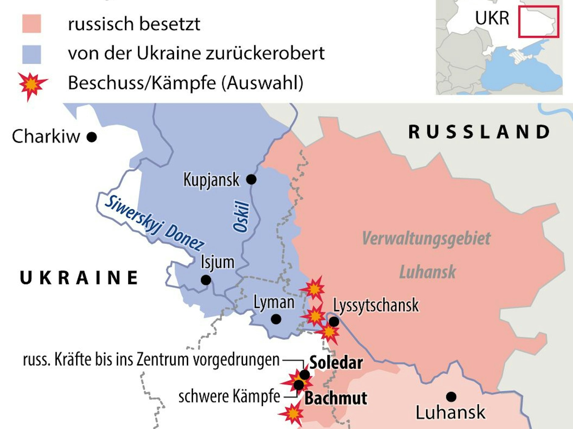 Die Lage im ostukrainischen Kampfgebiet Mitte Januar. Inzwischen haben die Russen Soledar erobert.