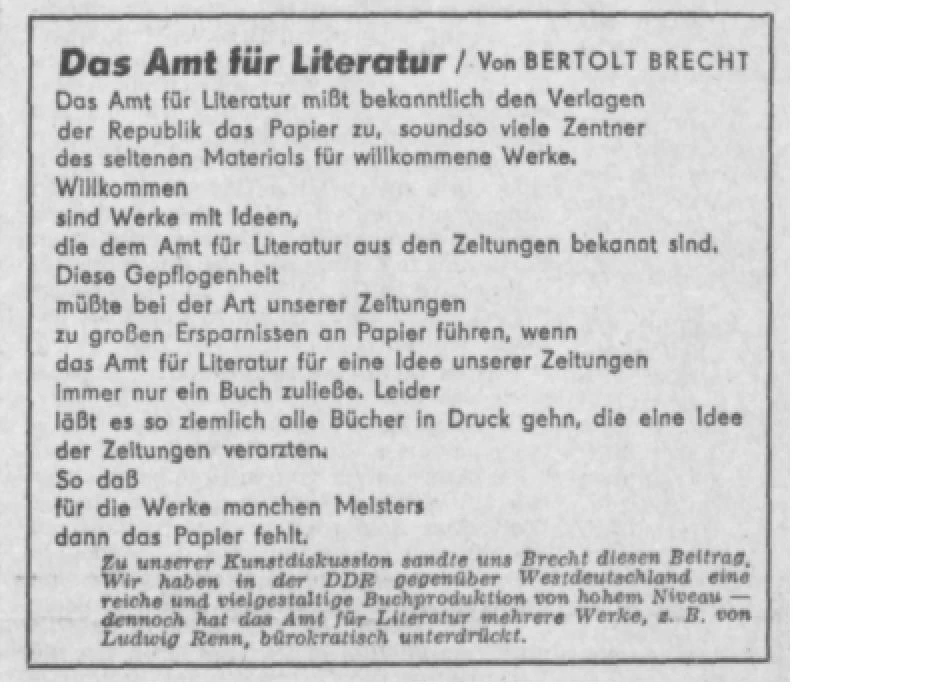 Brechts Gedicht gegen das Amt für Literatur, veröffentlicht am 15. Juli 1953