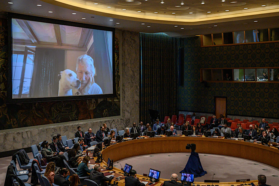 Roger Waters spricht per Videoschalte vor dem UN-Sicherheitsrat.