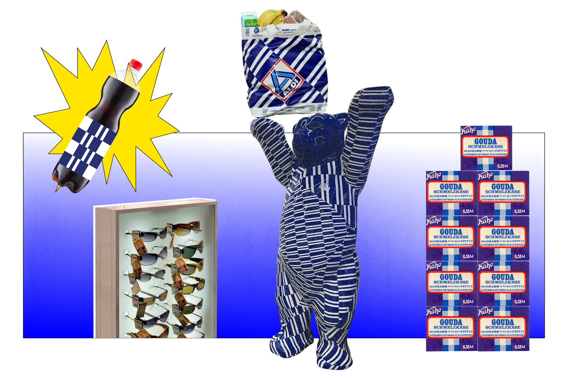 Die Aldi-Filiale am Bahnhof Friedrichstraße schockiert mit Buddy-Bär im „kultigen“ Streifen-Design von Günter Fruhtrunk.