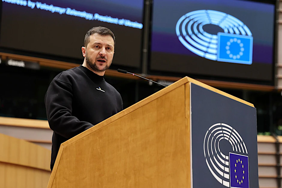 Der ukrainische Präsident Wolodymyr Selenskyj hat eine Rede vor dem&nbsp;EU-Parlament in Brüssel gehalten.