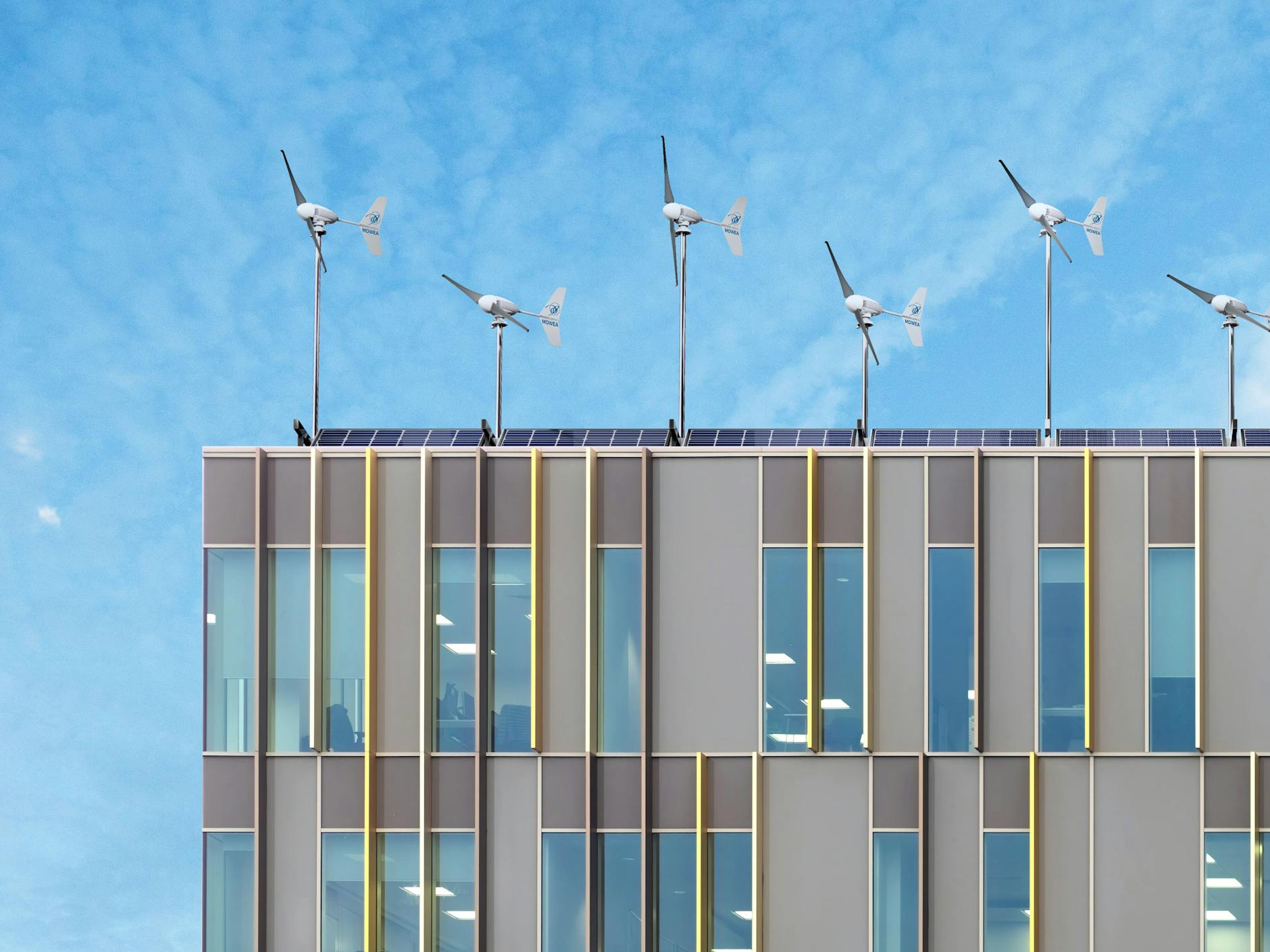 Wind- und Solarkraftanlagen auf einem Bürogebäude