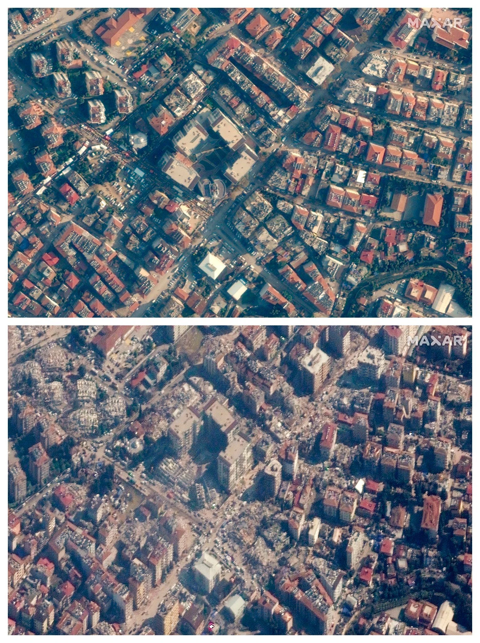 HANDOUT - Satellitenbilder vor und nach den Beben machen das Ausmaß der Schäden in der Stadt deutlich.  /dpa