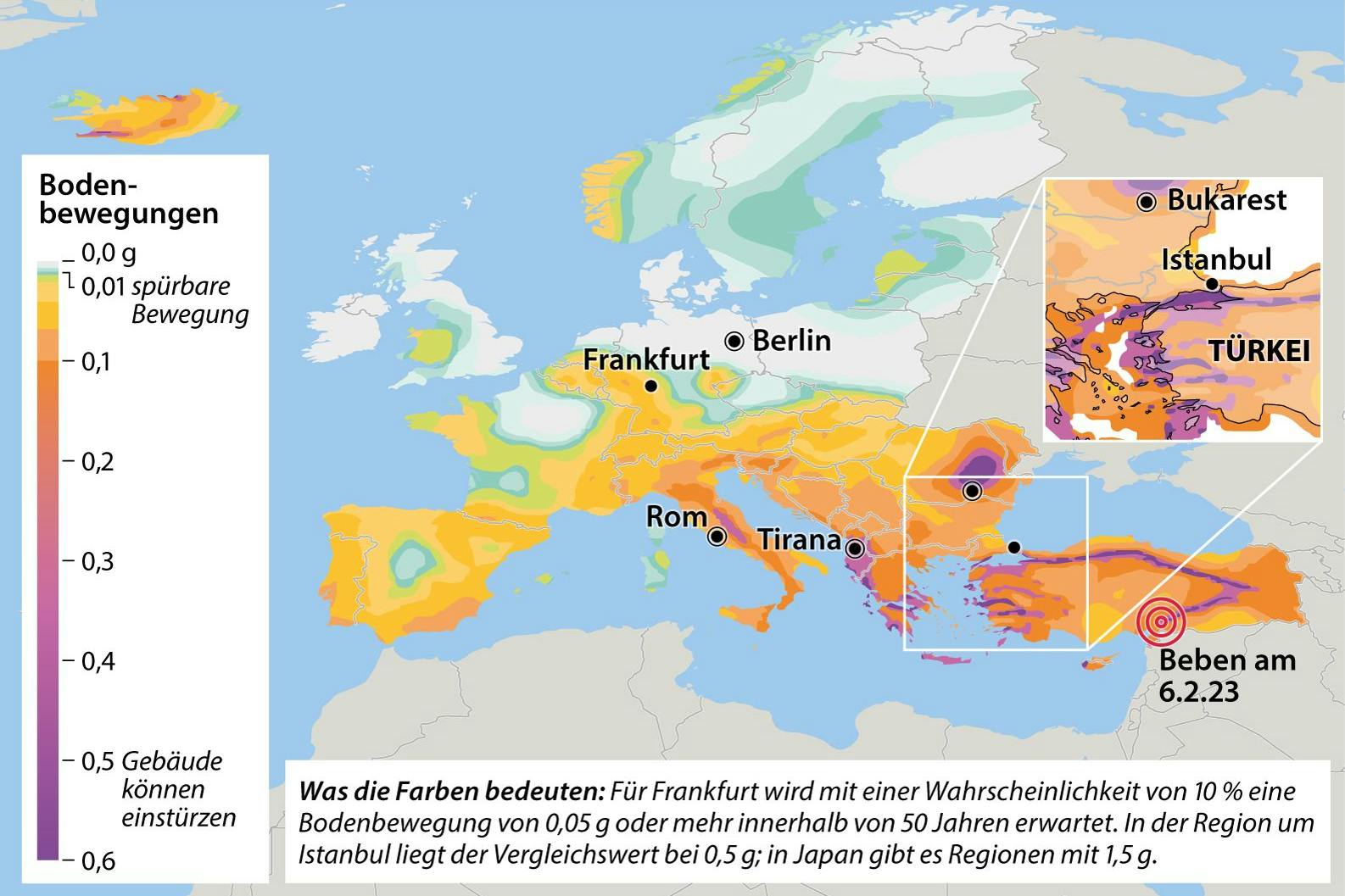 Die Karte zeigt, wie gefährdet verschiedene Gebiete in Europa durch Erdbeben sind.