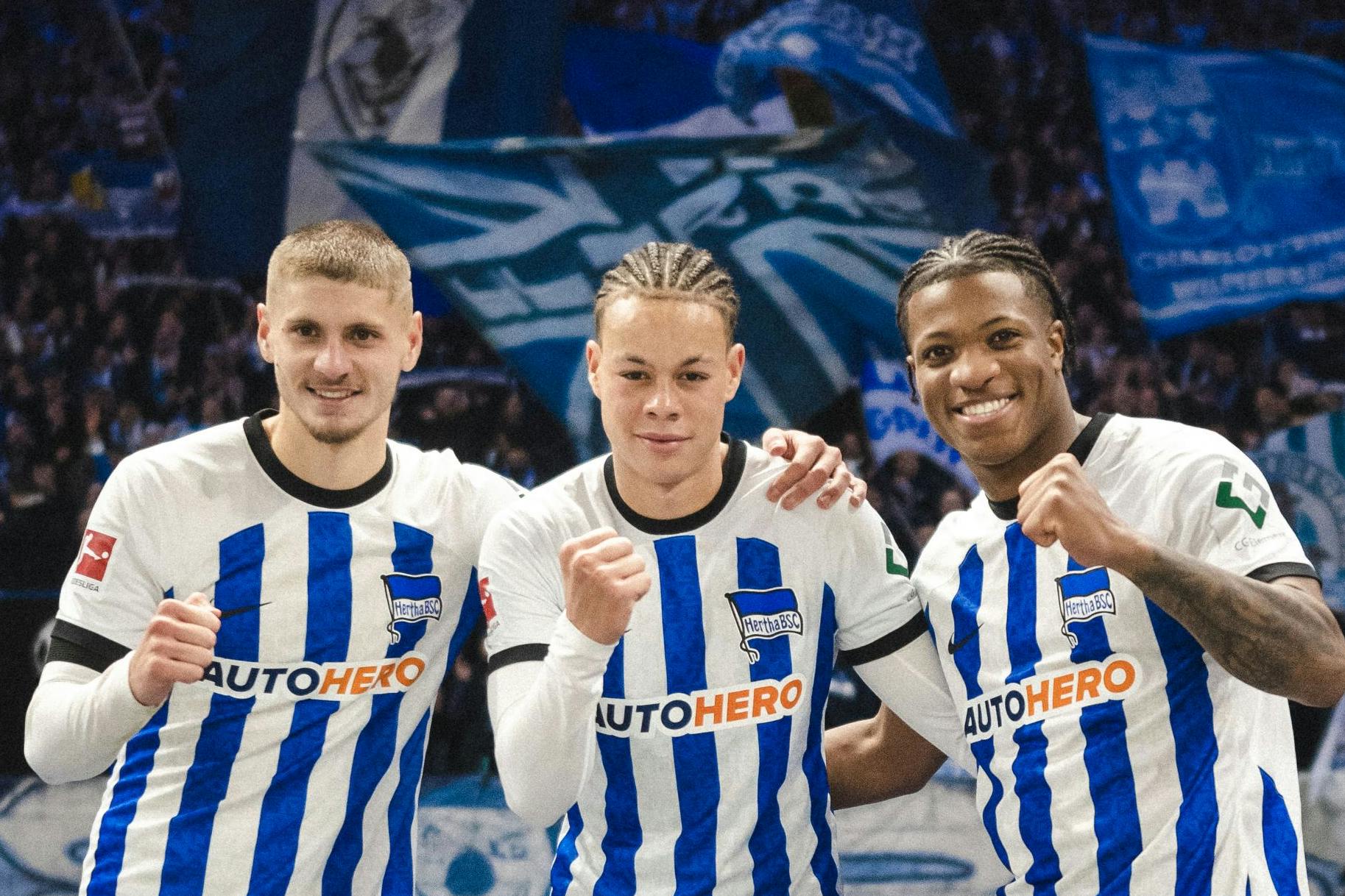 Marton Dardai, Derry Scherhant und Jessic Ngankam (v.l.) haben mit ihren Toren gegen Gladbach für lang ersehnte Glücksmomente bei Hertha BSC gesorgt.