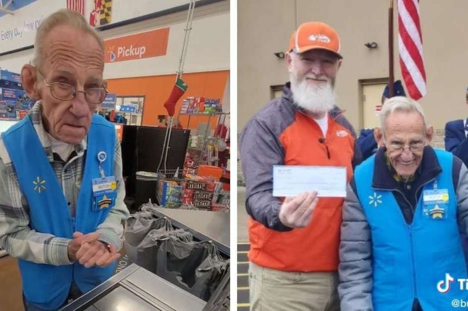 Rory McCarty überreichte Kassierer Warren „Butch“ Marion (82) einen Scheck, damit der Senior endlich in Ruhestand gehen kann.