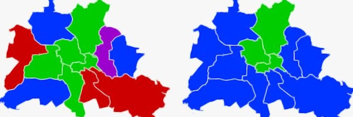 Die linke Karte zeigt: Nach der Wahl 2021 stellten die Grünen in fünf Bezirksverordnetenversammlungen die größte Fraktion, CDU und SPD in jeweils dreien, die Linke in einer. Jetzt dominieren die Grünen noch drei BVVen, alle anderen neun die CDU. SPD und Linke sind abgeschmiert.