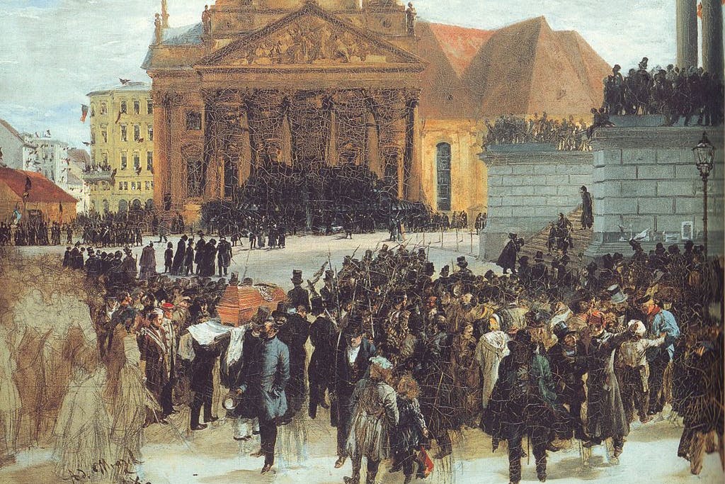 „Aufbahrung der Märzgefallenen“ heißt das Ölgemälde von Adolph von Menzel. Der Maler hatte an der Trauerfeier auf dem Berliner Gendarmenmarkt teilgenommen. Das Werk ist im Besitz der Hamburger Kunsthalle.