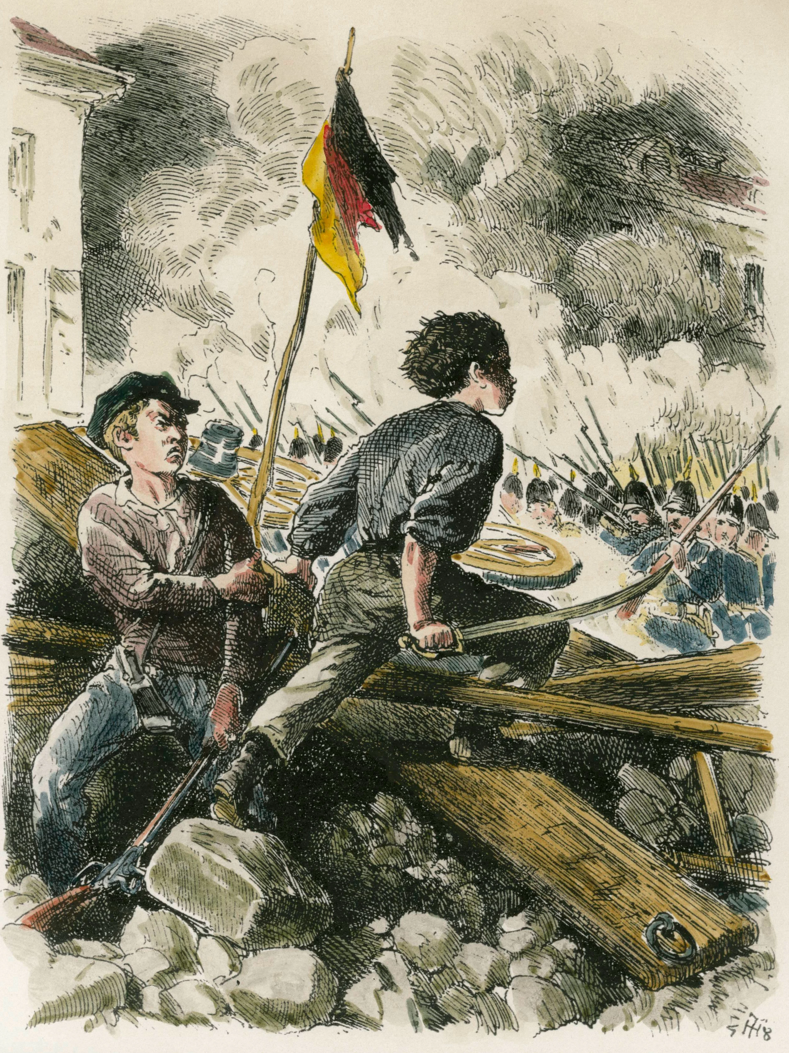 Mit einem Säbel in der Hand verteidigt der 17-jährige Ernst Zinna mit seinem zwei Jahre älteren Freund Harald Glasewald eine Barrikade in der Friedrichstraße an der Ecke Jägerstraße  (kolorierte Federlithografie von Theodor Hosemann 1848).