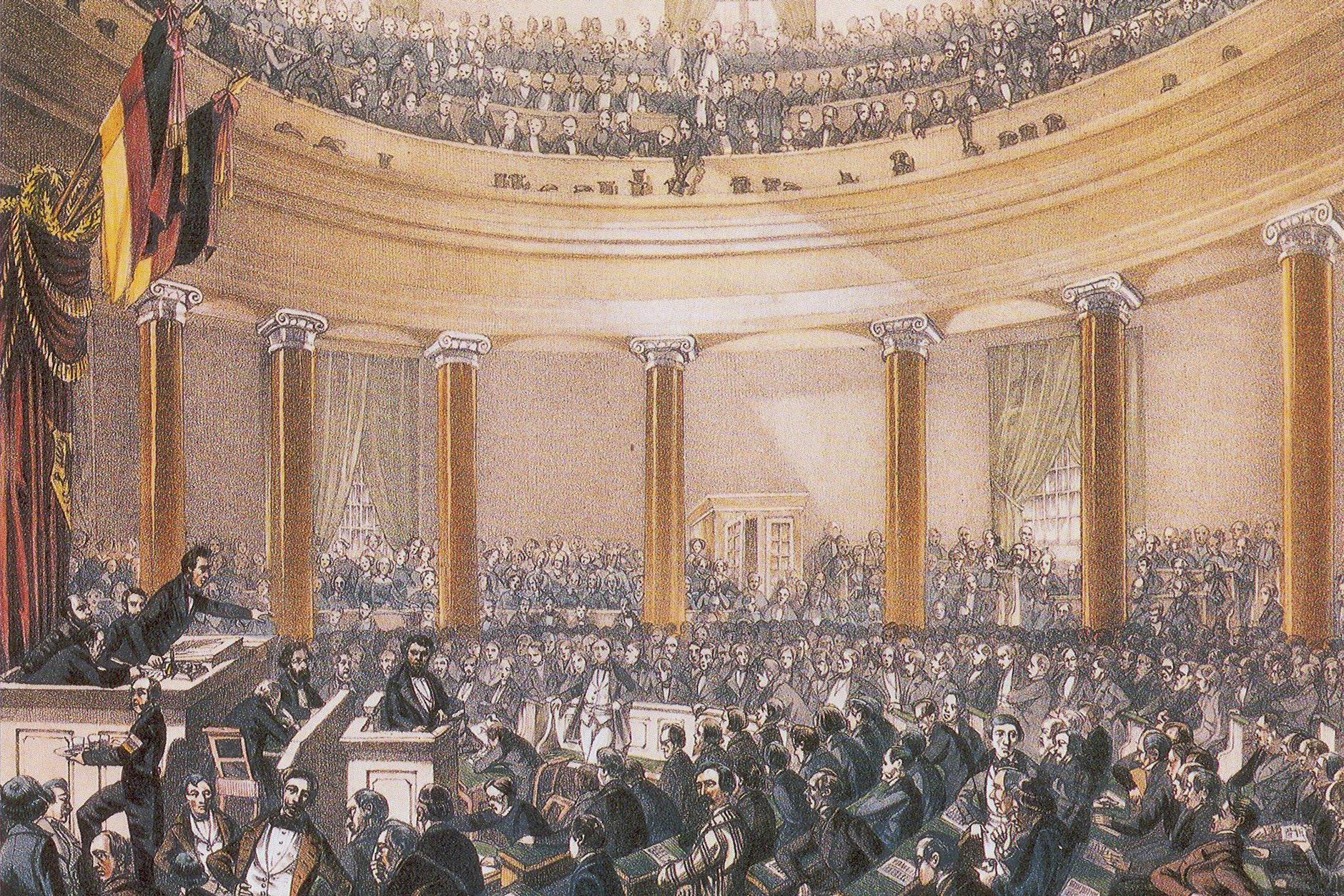 Es lebe die Republik! Robert Blum spricht im Juni 1848 vor der Nationalversammlung in der Frankfurter Paulskirche (kolorierte Zeichnung von Ludwig von Elliott). Er wird die Revolution nicht überleben. Die letzten Revolutionäre strecken im Juli 1849 ihre Waffen.