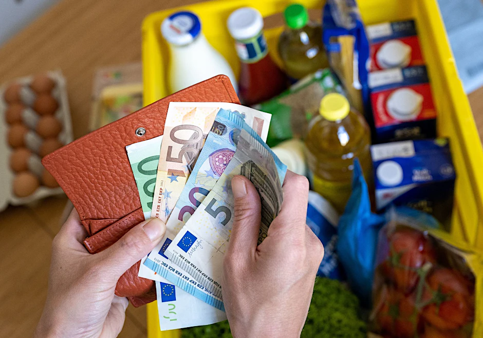 ARCHIV - Eine Einkaufskiste mit Lebensmitteln und eine Frau Euro-Banknoten in den Händen hält.  