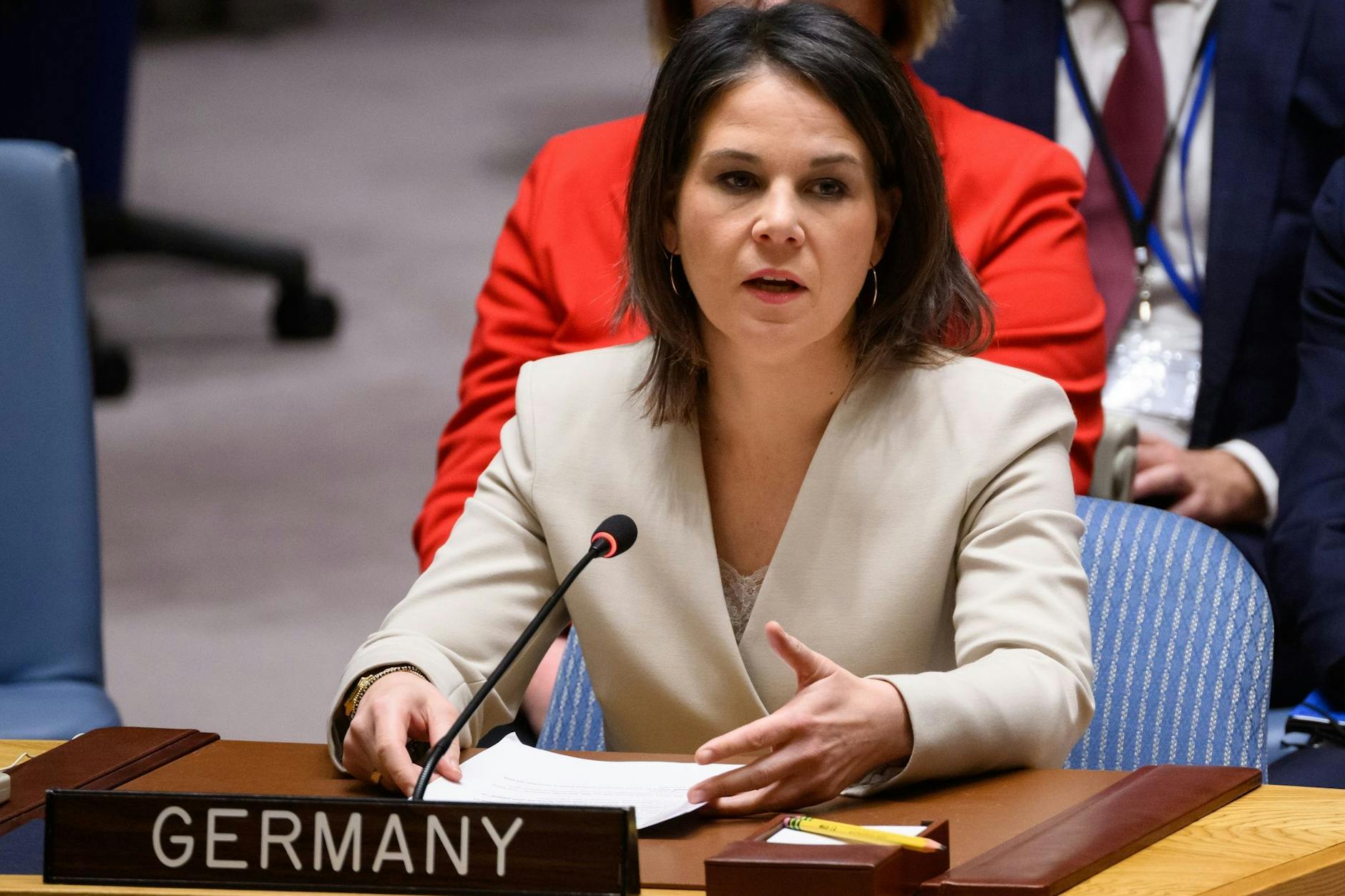 Annalena Baerbock während ihrer Rede bei der Sondersitzung des Sicherheitsrates der Vereinten Nationen in New York.