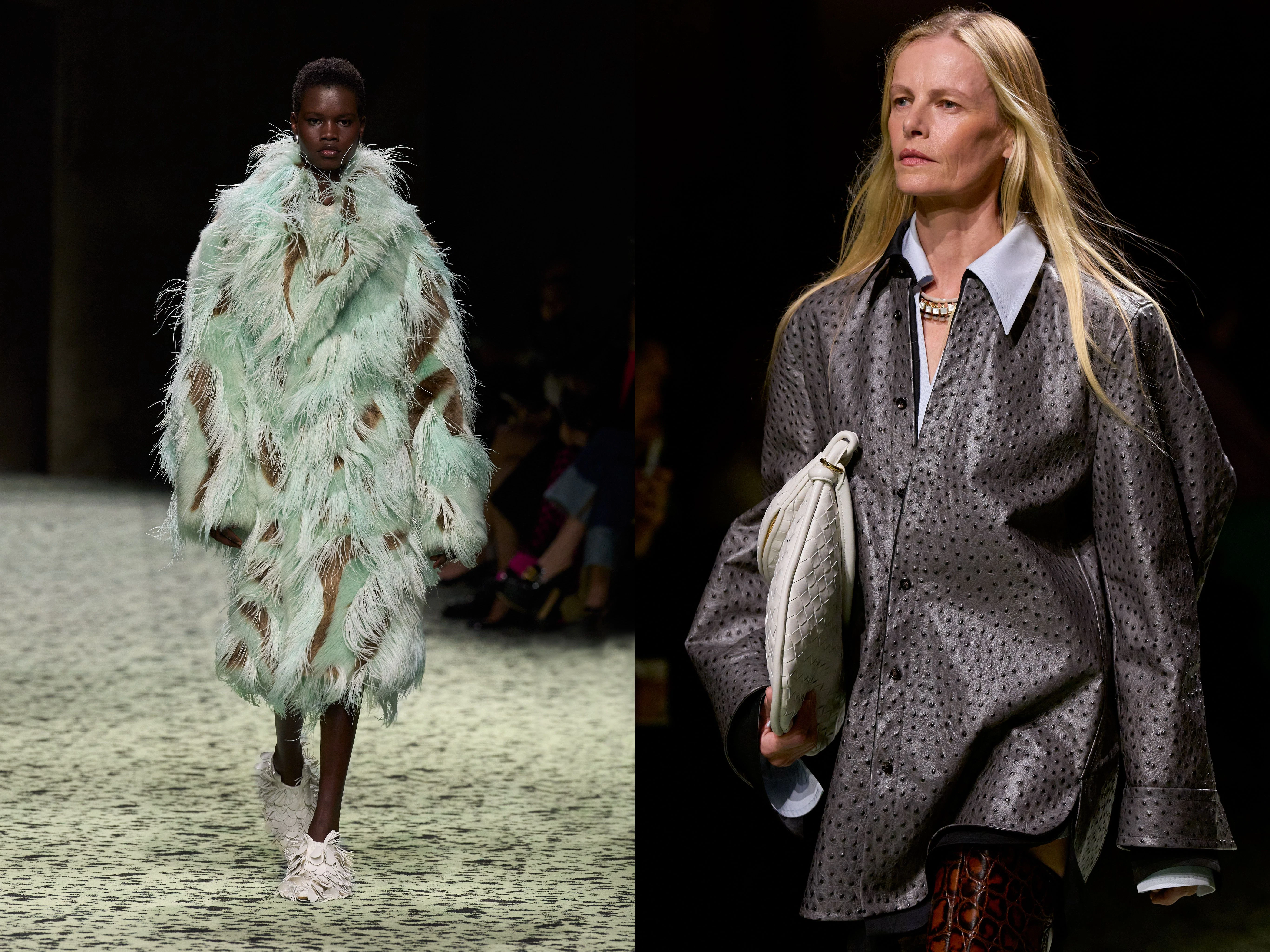 Bottega Veneta präsentiert in Mailand einen mintfarbenen Kunst-Flausch sowie den „ostrich effect“ auf einer Hemdjacke aus Ziegenleder.&nbsp;