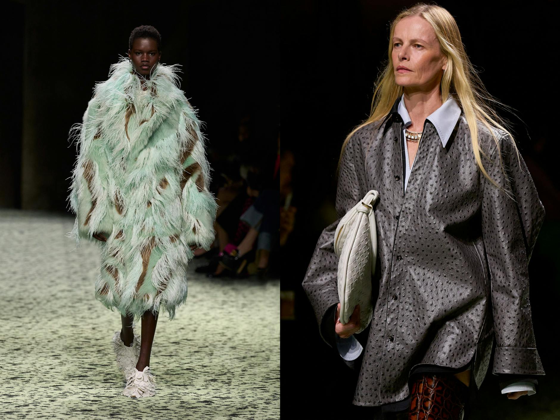Bottega Veneta präsentiert in Mailand einen mintfarbenen Kunst-Flausch sowie den „ostrich effect“ auf einer Hemdjacke aus Ziegenleder. 
