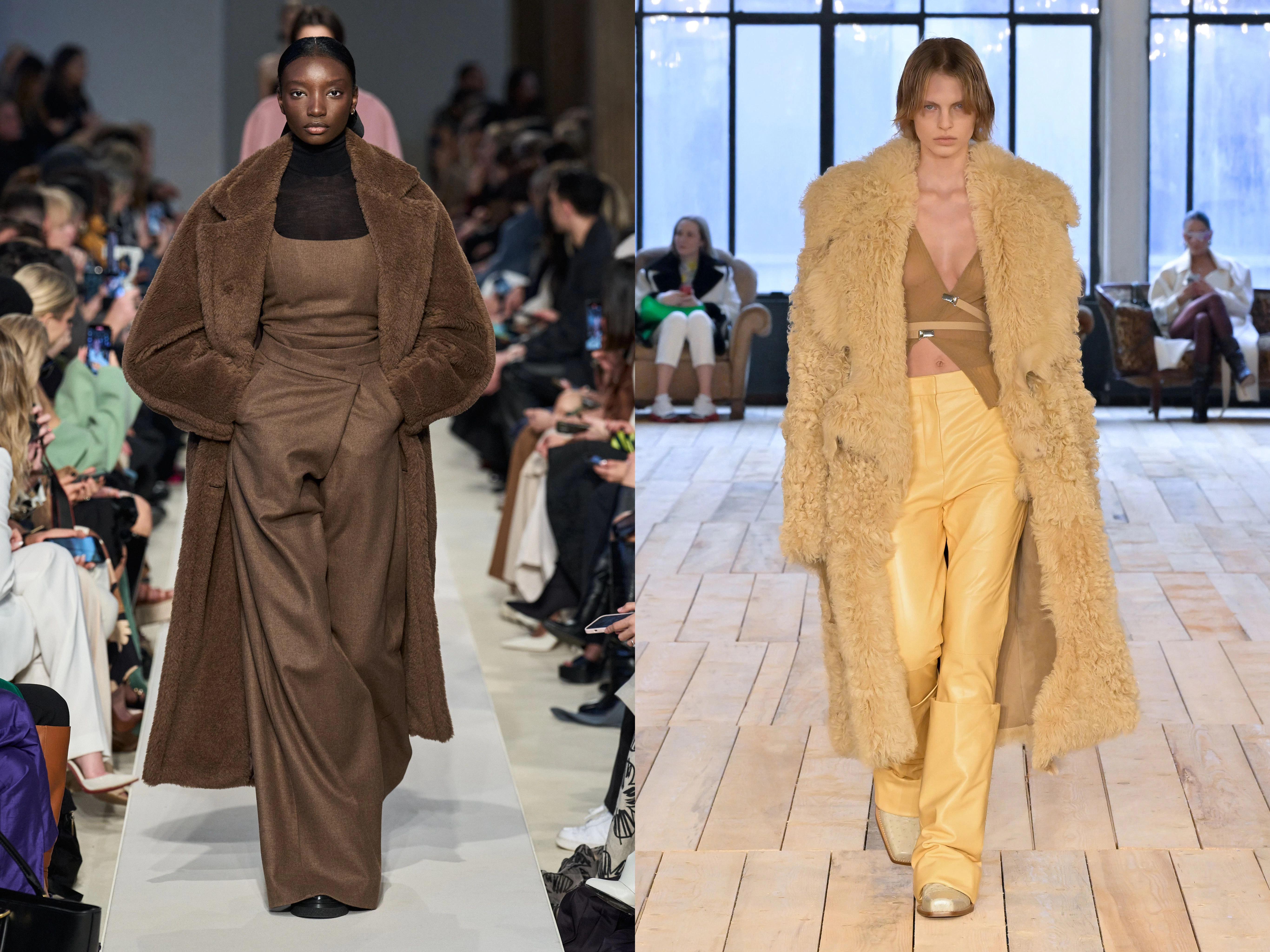 Üppige Mäntel bei Max Mara und Sportmax (von links): Brauner Teddy-Coat und Flokati in Vanille.