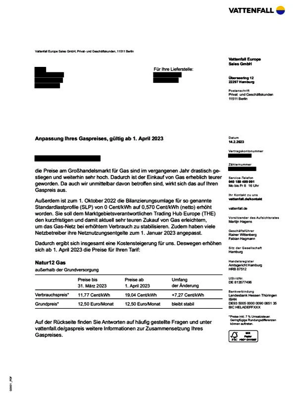 Ein Vattenfall-Brief an einen Kunden in Berlin für den Tarif „Natur12 Gas“.