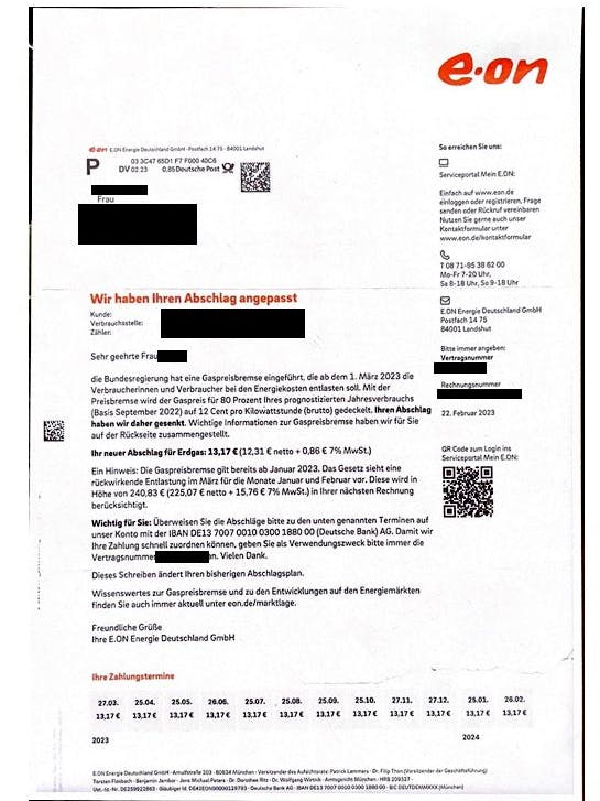 Ein Eon-Schreiben an eine Kundin in Havelland mit dem Tarif „Eon Optimal Erdgas 2019“.