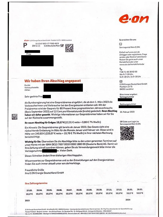 Ein Eon-Schreiben an eine Kundin in Havelland mit dem Tarif „Eon Optimal Erdgas 2019“.