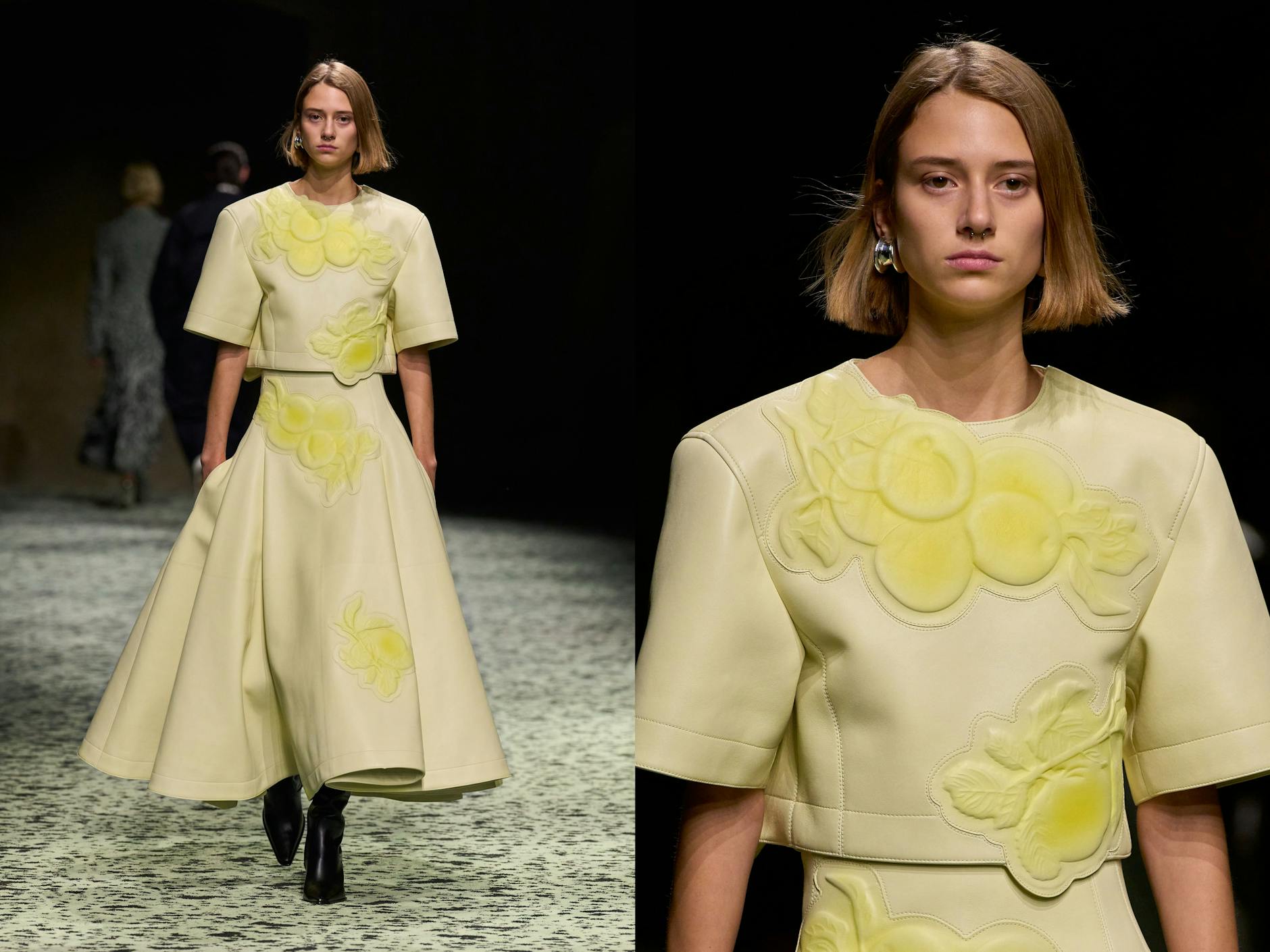 Der Leder-Look von Bottega Veneta: Oberteil und Rock mit botanischer Prägung.