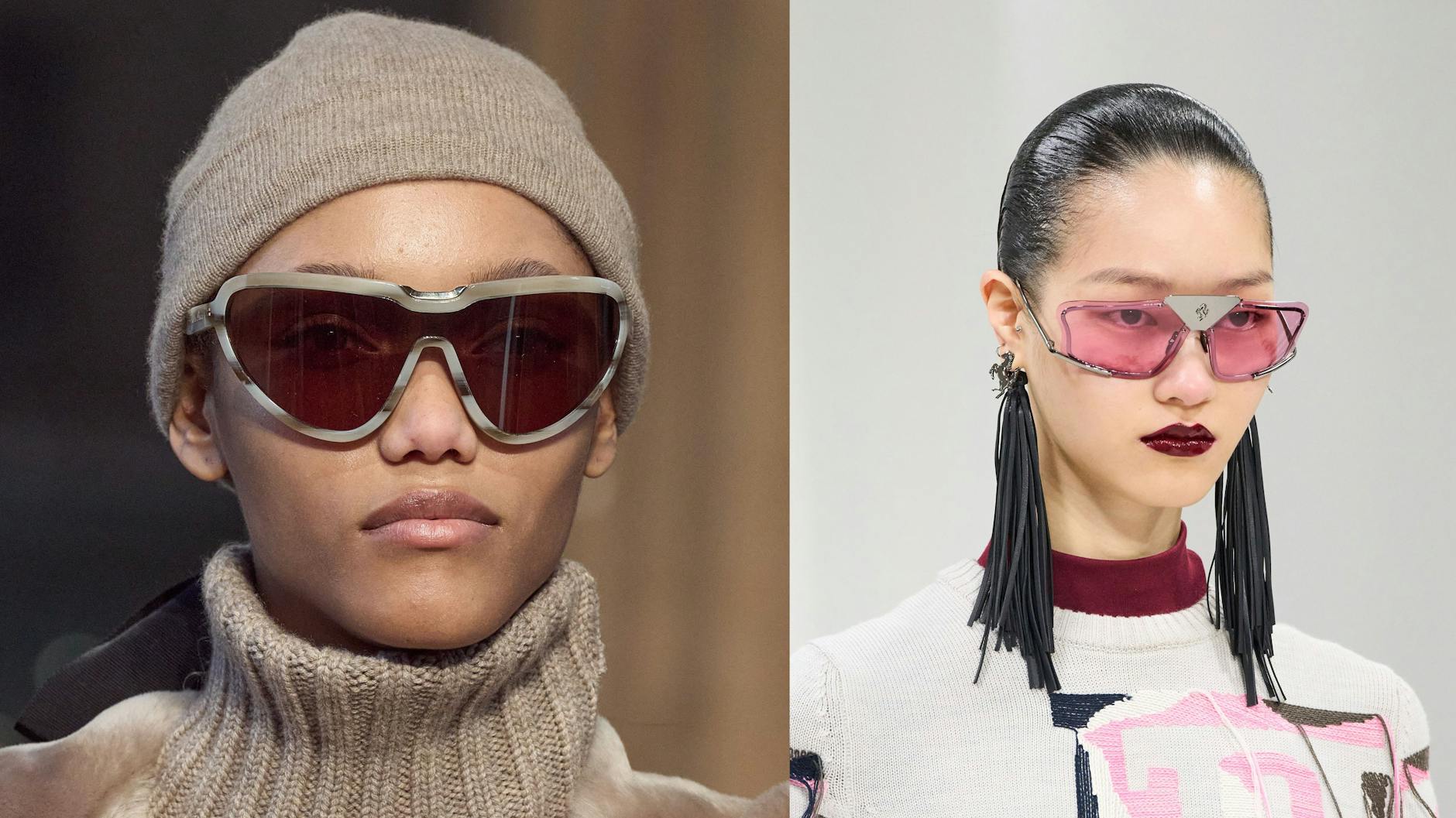 Und zum Abschluss noch die Brillen: Rechts mit Anleihen aus dem Skisport von Max Mara, links eine rosarote Racing-Brille von Ferrari. 