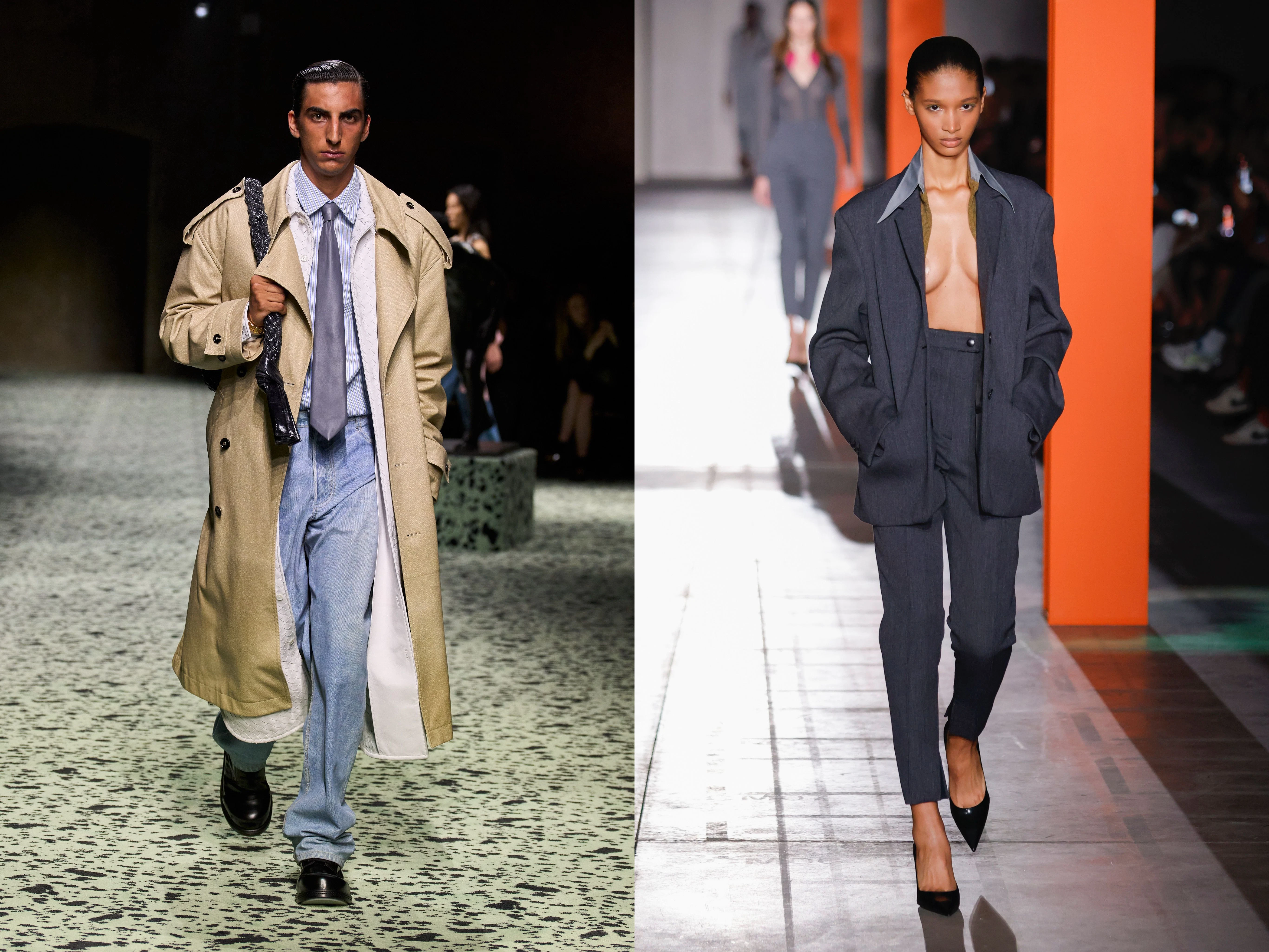 Der neoklassische Bottega-Mann kommt im Lagenlook mit Trenchcoat zur Arbeit, die smarte Prada-Frau greift zum Blazer, an dem schon alle anderen Kleidungsstücke ansatzweise dran sind.&nbsp;