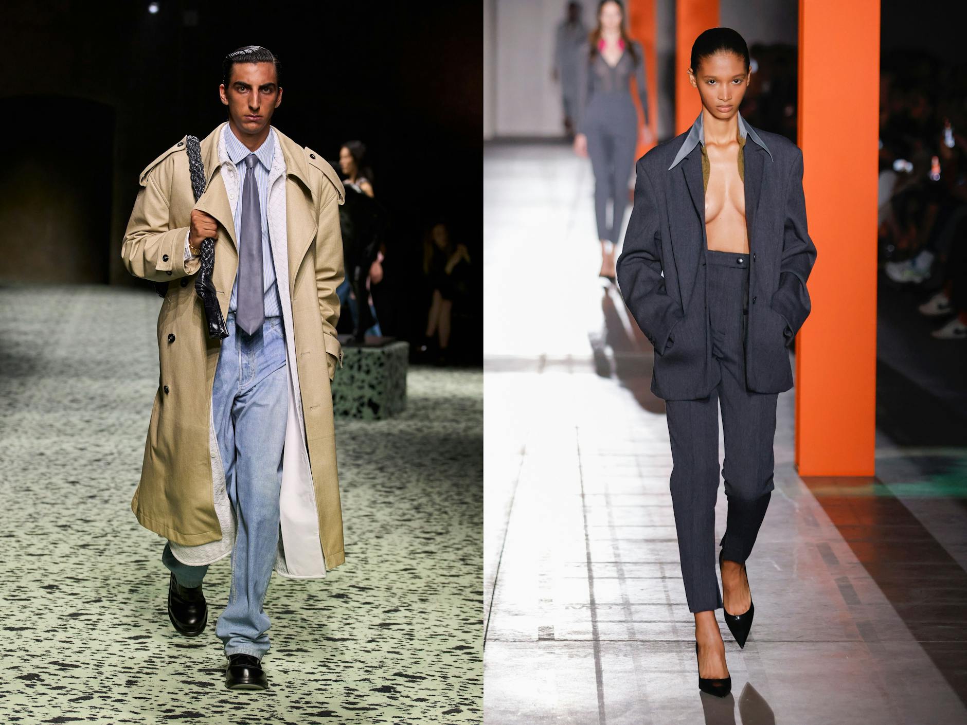 Der neoklassische Bottega-Mann kommt im Lagenlook mit Trenchcoat zur Arbeit, die smarte Prada-Frau greift zum Blazer, an dem schon alle anderen Kleidungsstücke ansatzweise dran sind. 