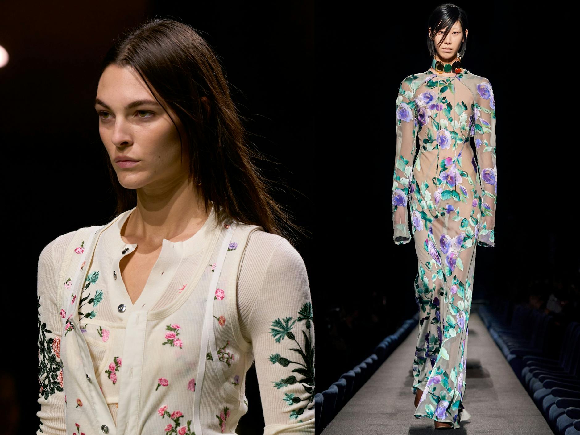 Zarte Blütenstickerei bei Bottega links. Rechts Dries Van Noten, der Meister der Blumen, mit einem floralen Zweiteiler aus Seide – bestehend aus Kleid und Cape. 