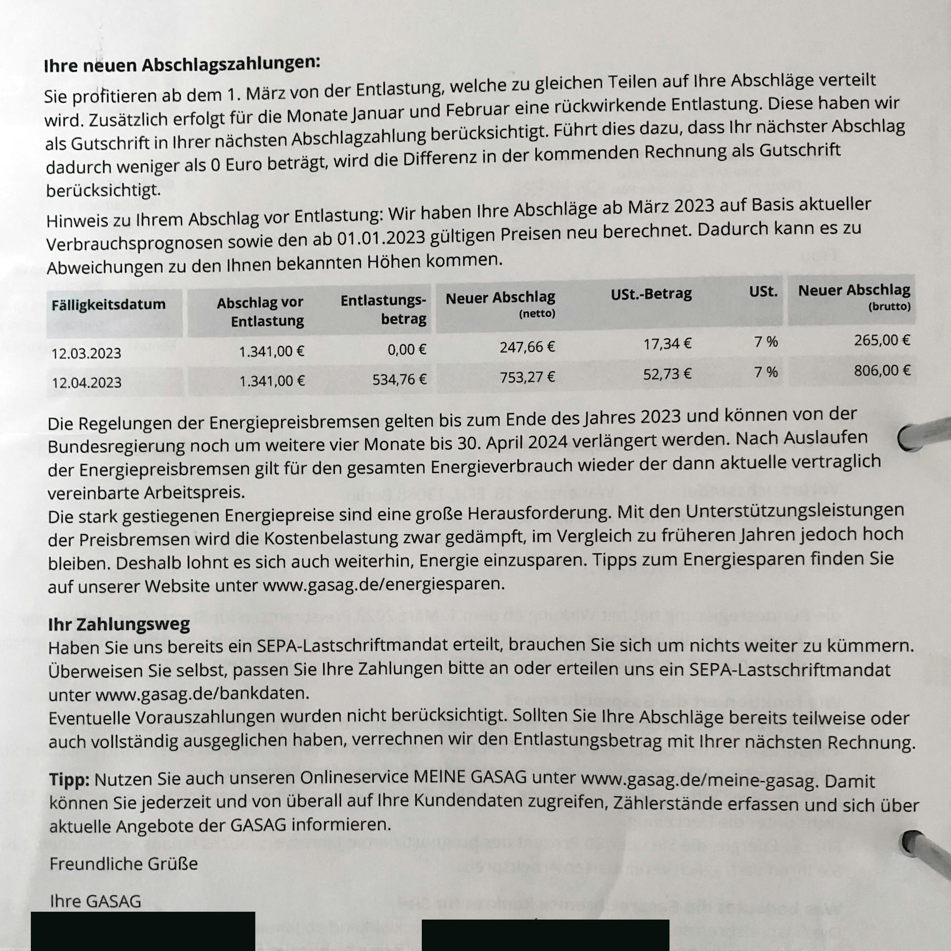 Ein Gasag-Schreiben an eine Kundin in Berlin-Pankow mit dem Tarif „Erdgas Fix“.