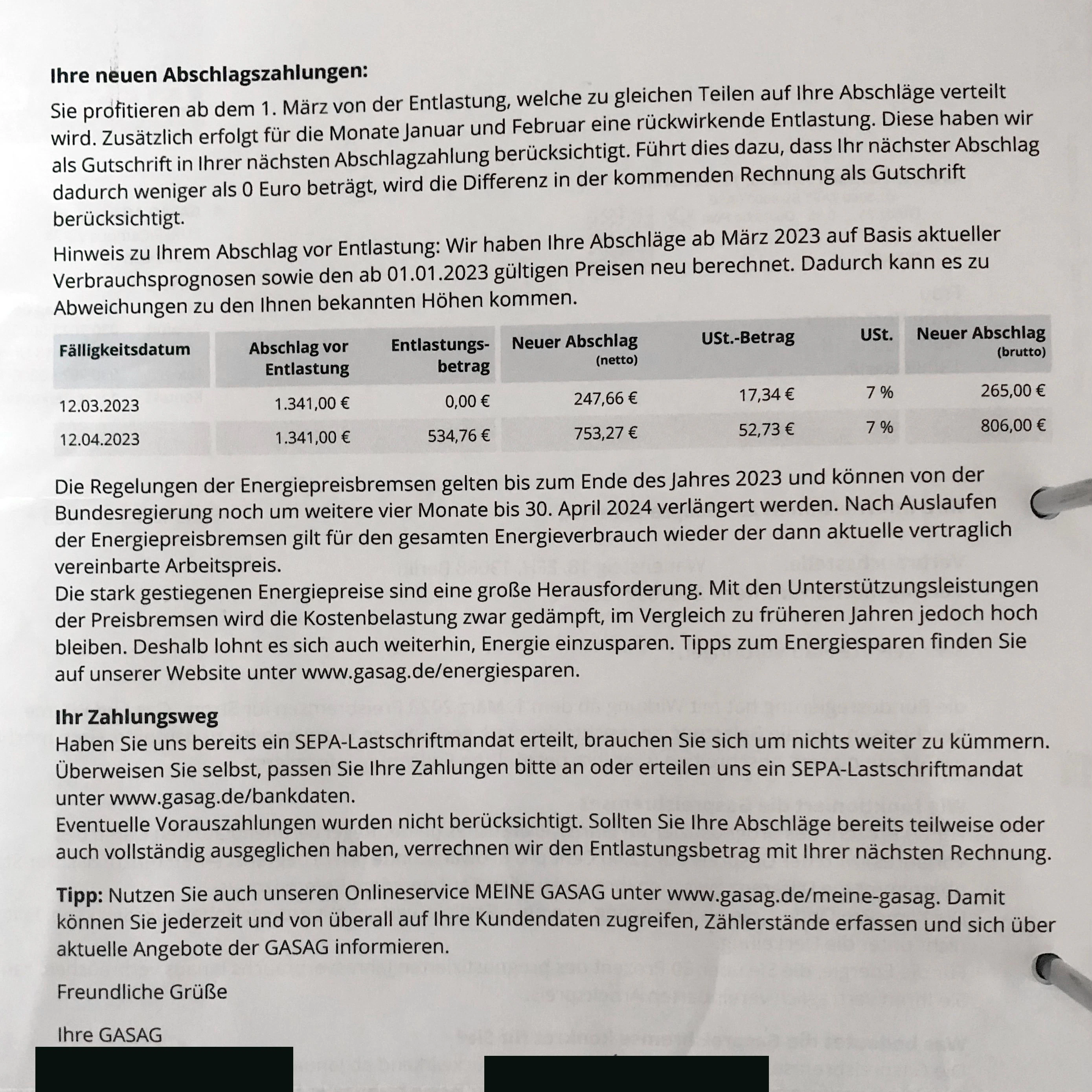 Ein Gasag-Schreiben an eine Kundin in Berlin-Pankow mit dem Tarif „Erdgas Fix“.