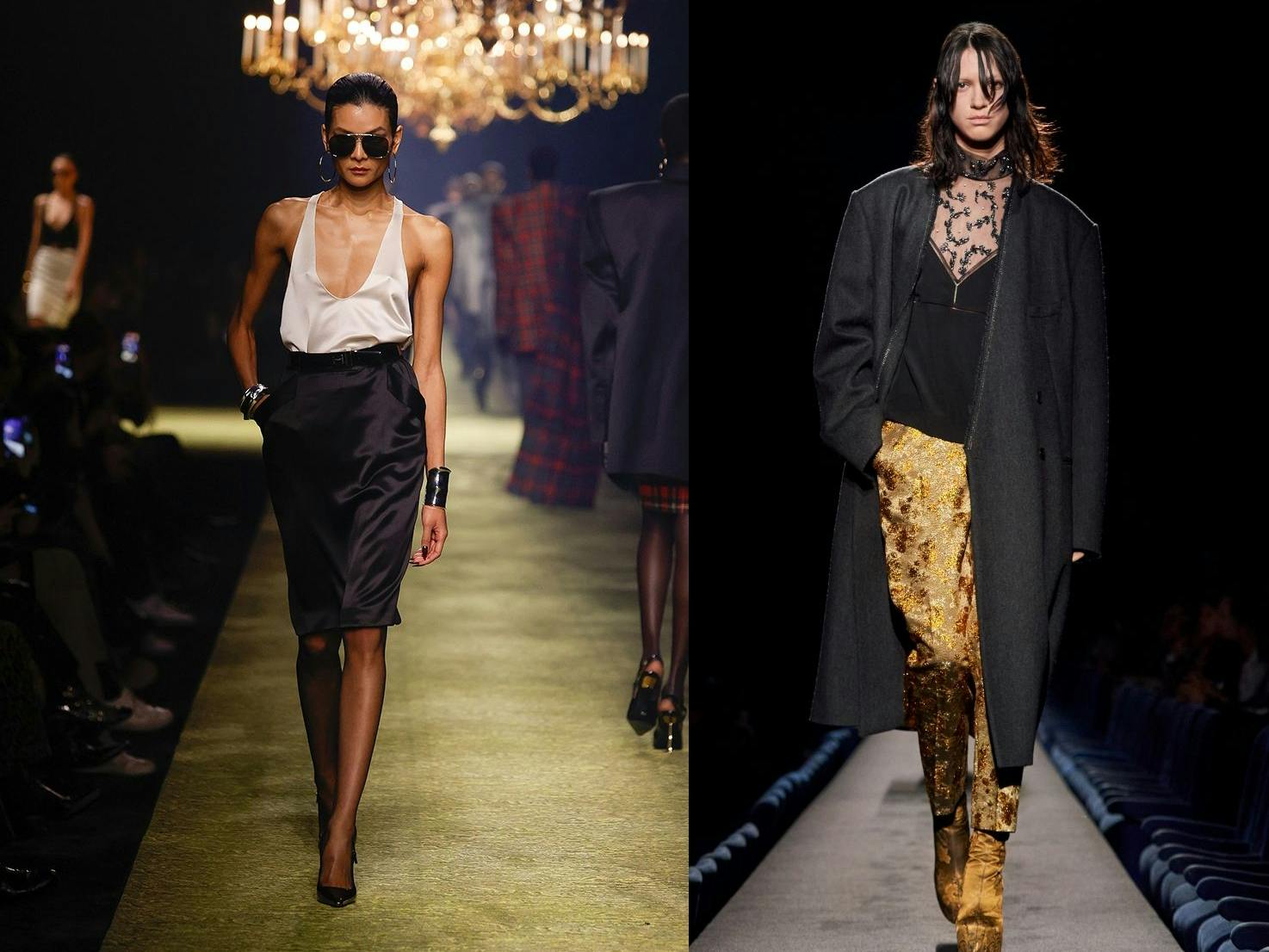 Silber und Gold: Metallic-Stoffe bei Saint Lauren (links) und Dries Van Noten.