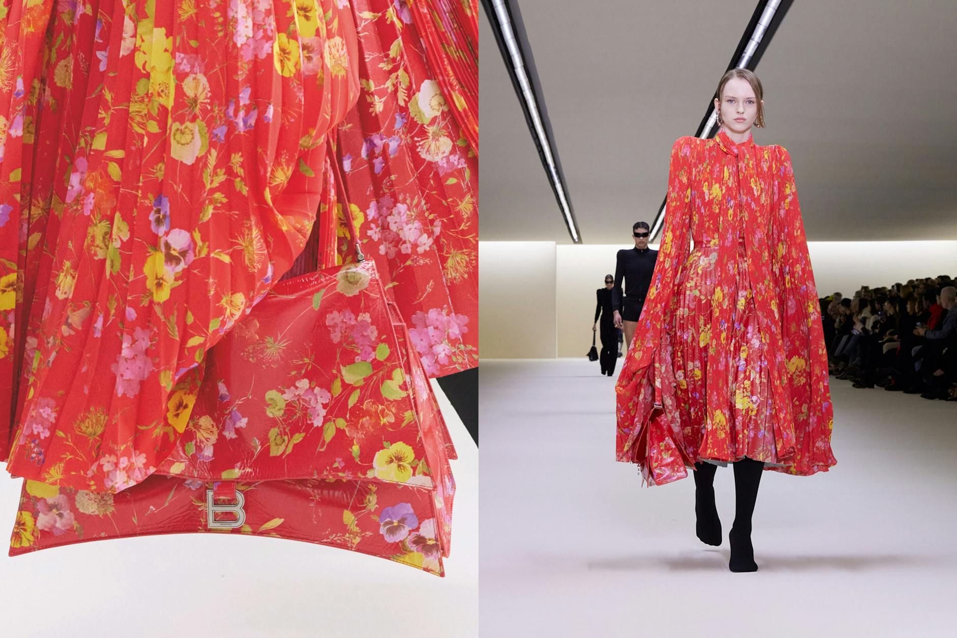 Ein Look der Kollektion für Winter 2023: Florales Balenciaga-Ensemble aus Seidenoberteil mit überlangen Ärmeln, Kalbslederrock und Hourglass-Tasche.