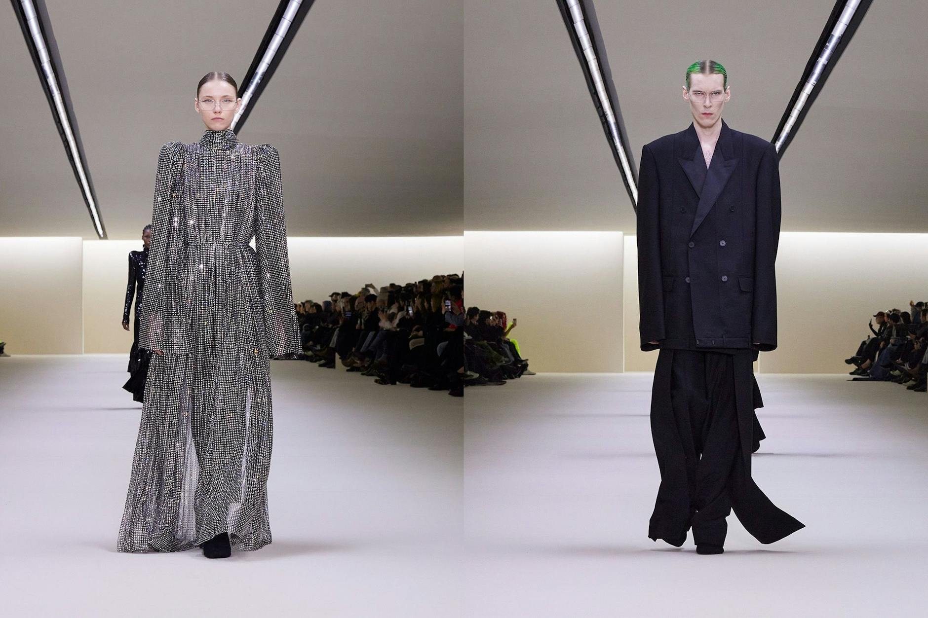 Links ein funkelndes Strasskleid, das sich nach hinten öffnet. Rechts ein Blazer aus dem modifizierten Hosenschnitt sowie eine gedoppelte Hose untenrum.