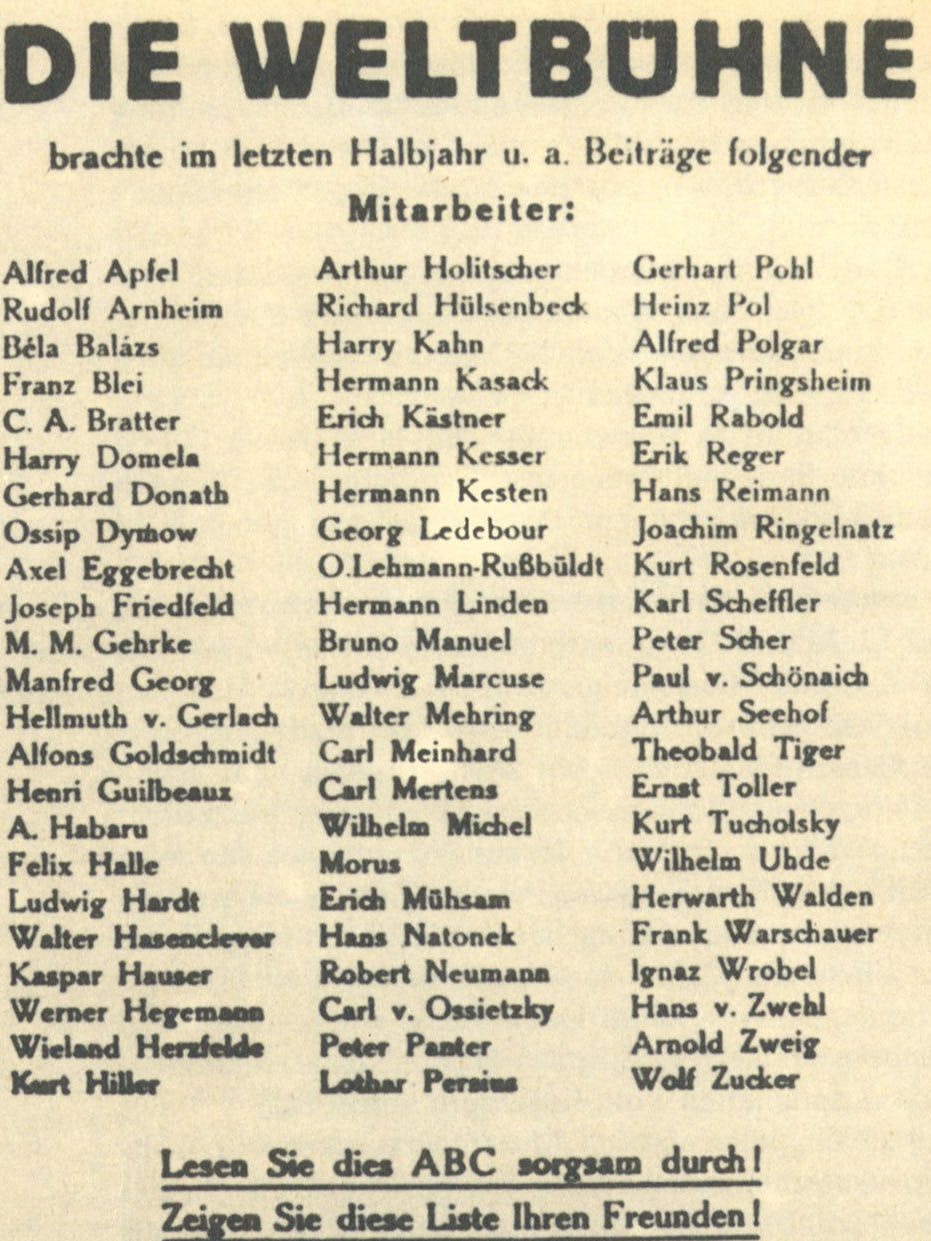 Selbstbewusst, die Eigenanzeige von 1929. Ganz unten, hier nicht zu sehen, steht noch: „Die Weltbühne hat den vielseitigsten, lebendigsten Mitarbeiterkreis!“ Aber wieso mit nur einer Frau? Die junge Martha Maria Gehrke schrieb von 1919 bis 1933 jedenfalls 89 Beiträge in dem Kultblatt.