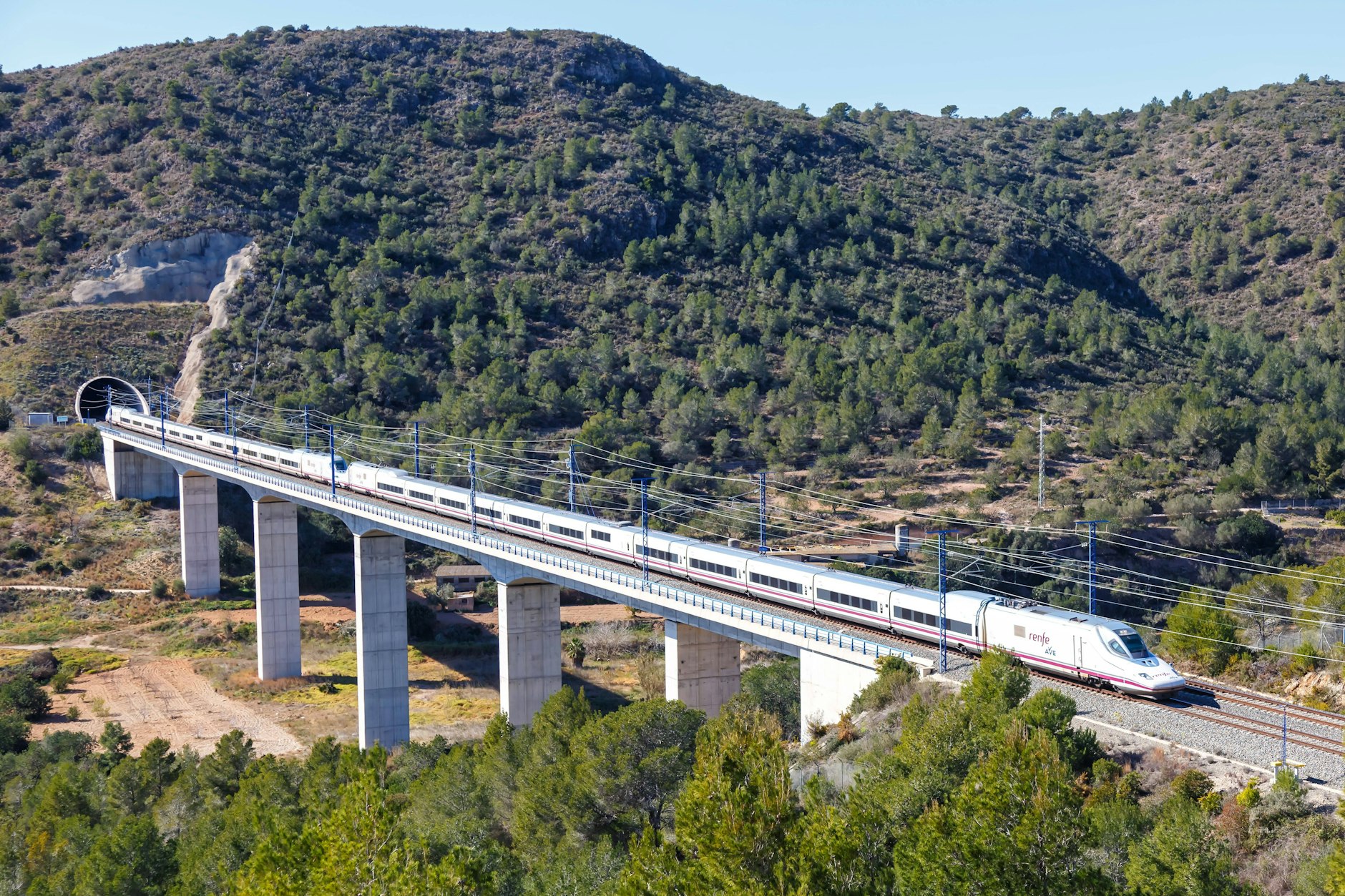Talgo 350 Hochgeschwindigkeitszug der RENFE auf der Strecke Madrid - Barcelona bei Roda de Bera in Spanien.