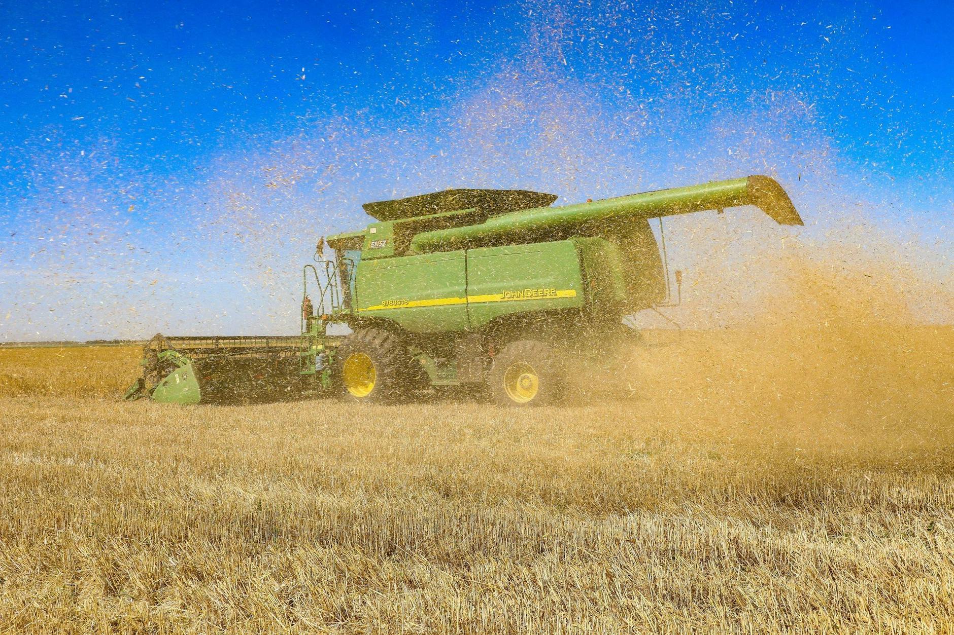 ARCHIV - Ein Mähdrescher bei der Getreideernte auf einem Feld bei Odessa im Süden der Ukraine.